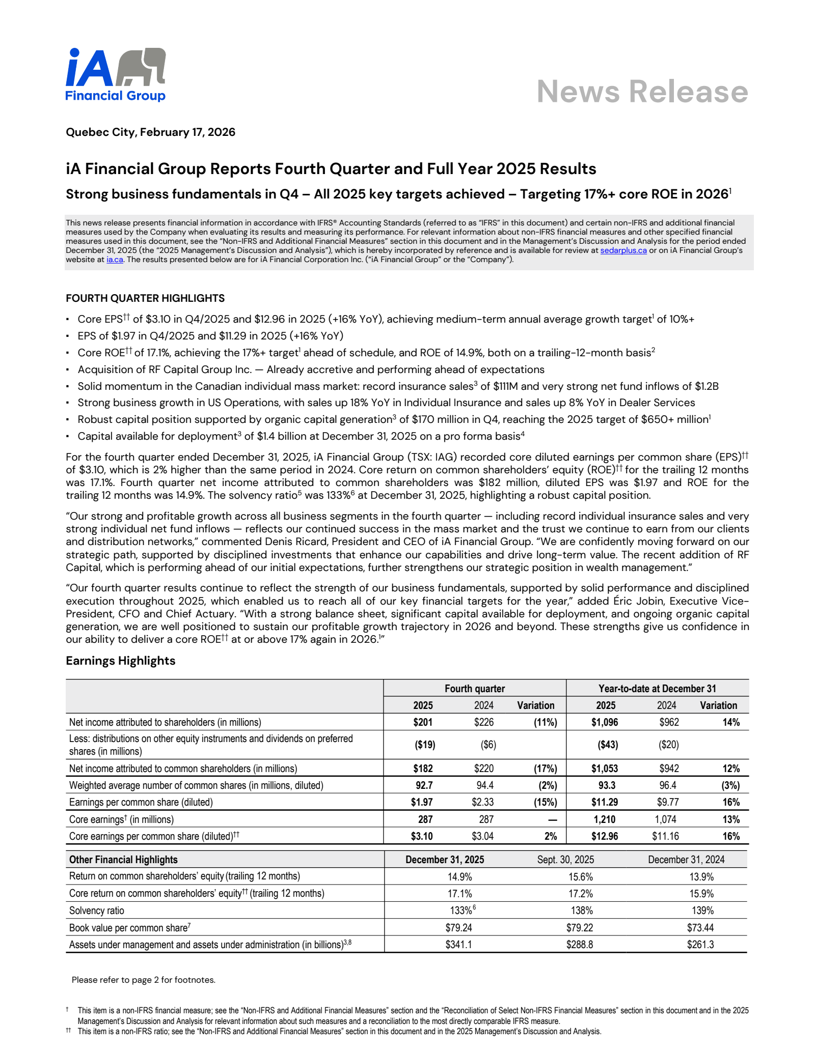 iA Financial's Q4 2025 Press Release