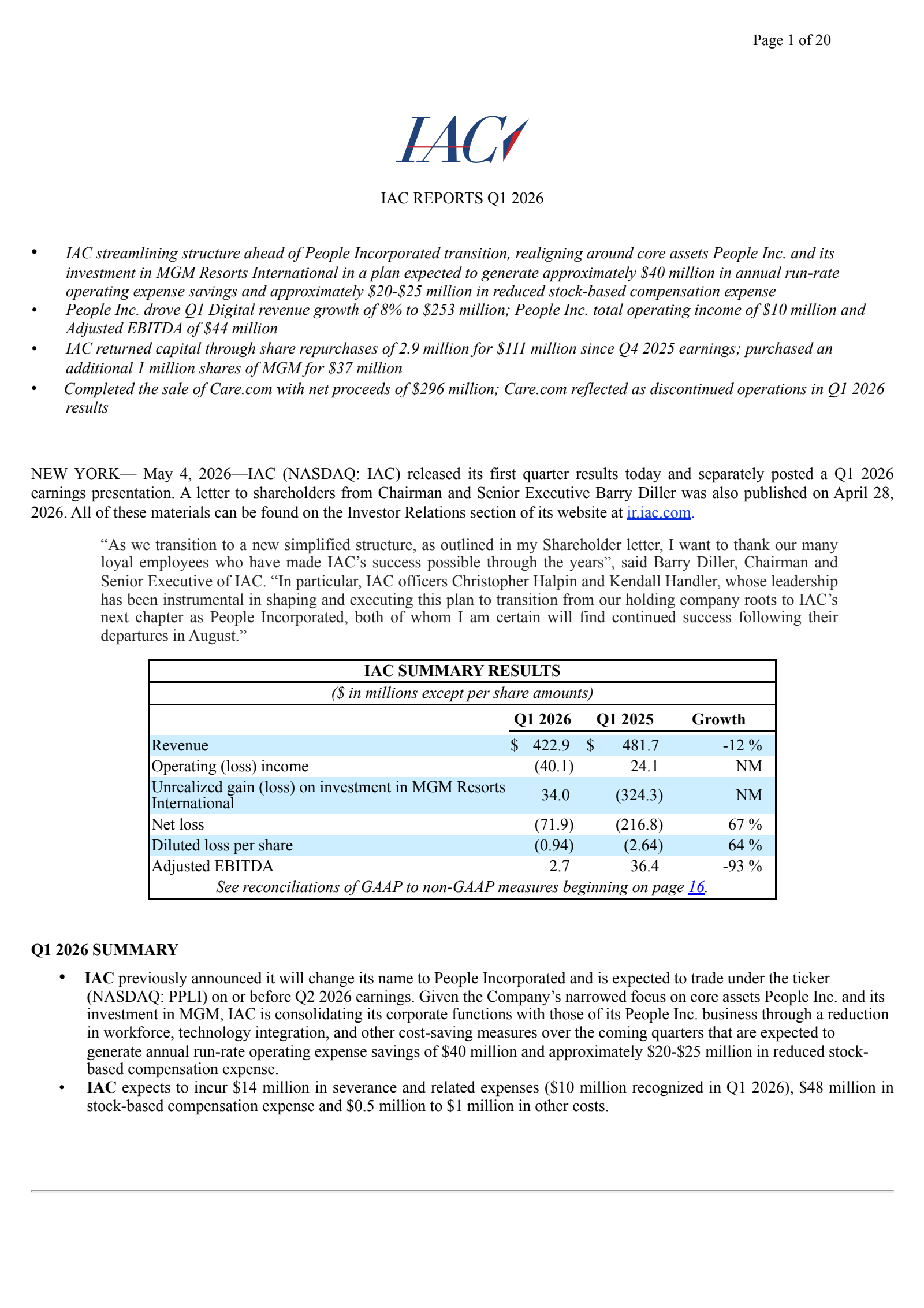 People Incorporated Common Stock's Q1 2026 Press Release