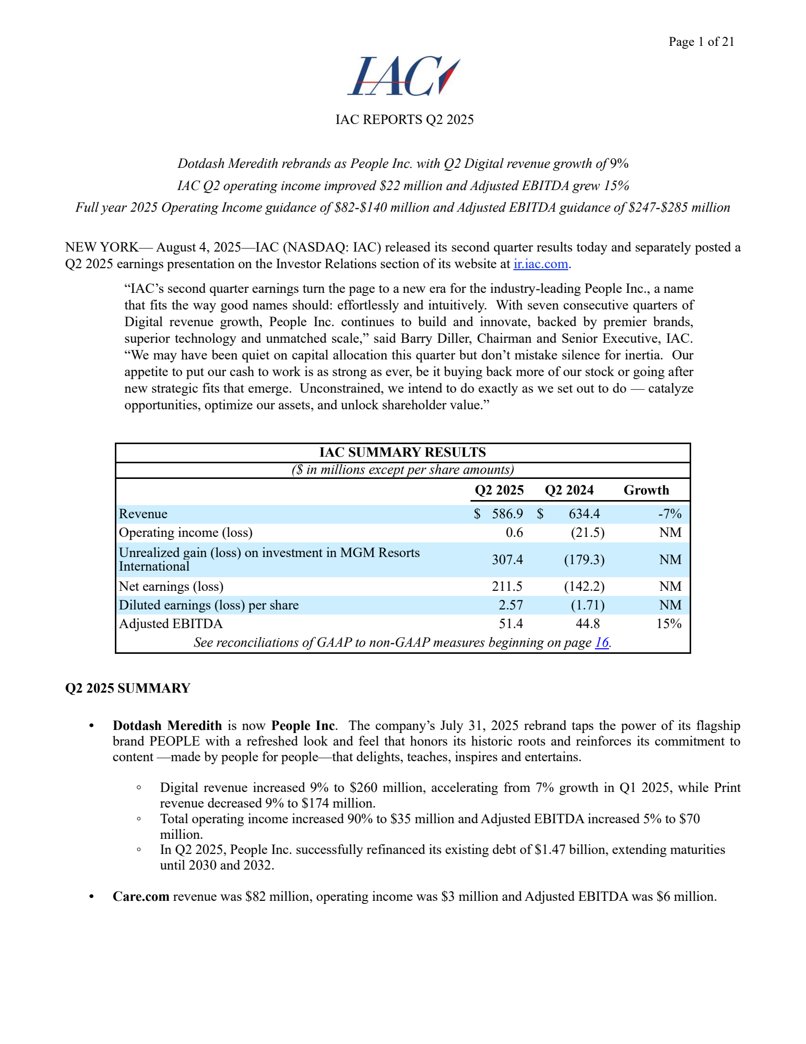 IAC's Q2 2025 Earnings Release