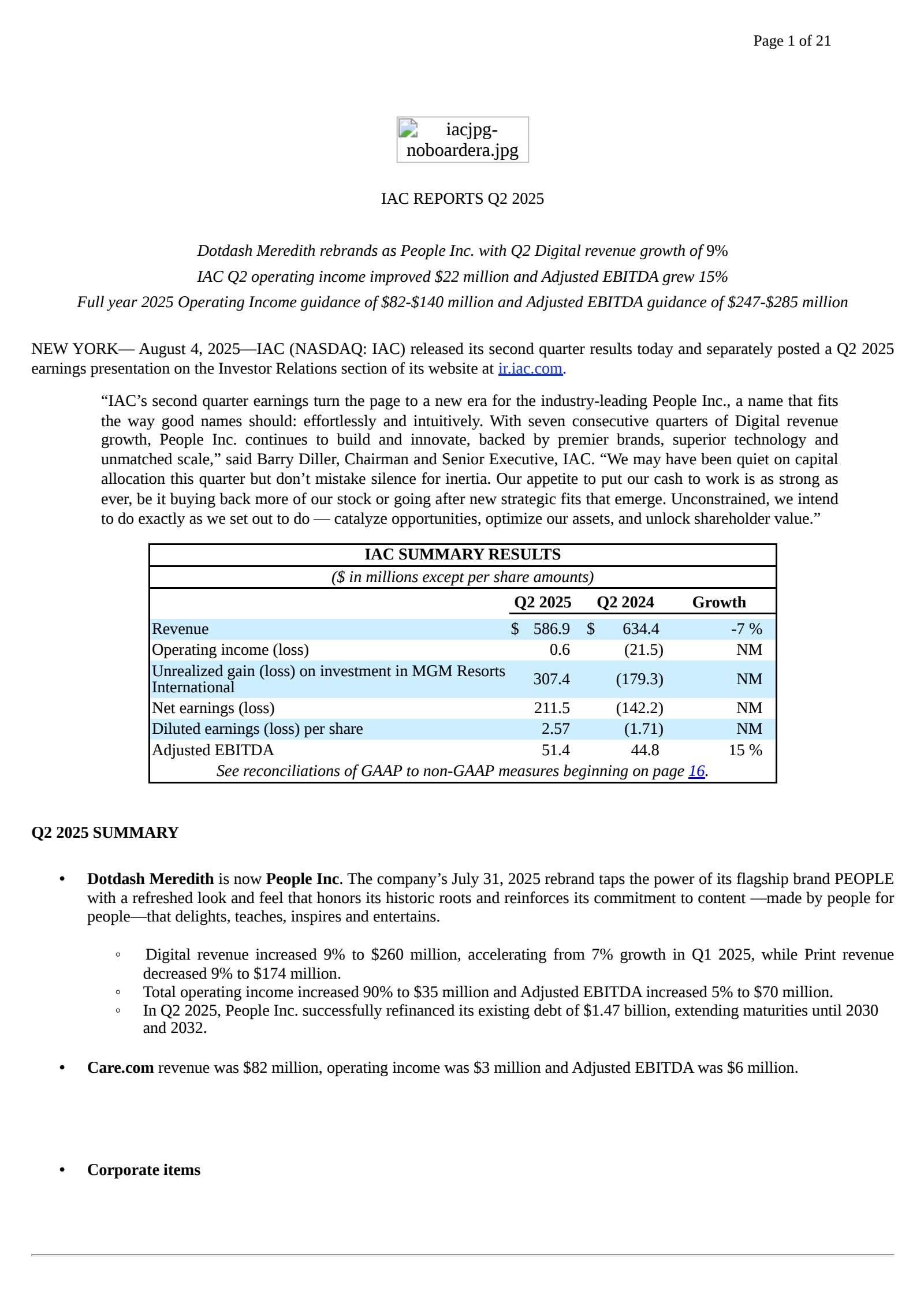 IAC's Q2 2025 Press Release