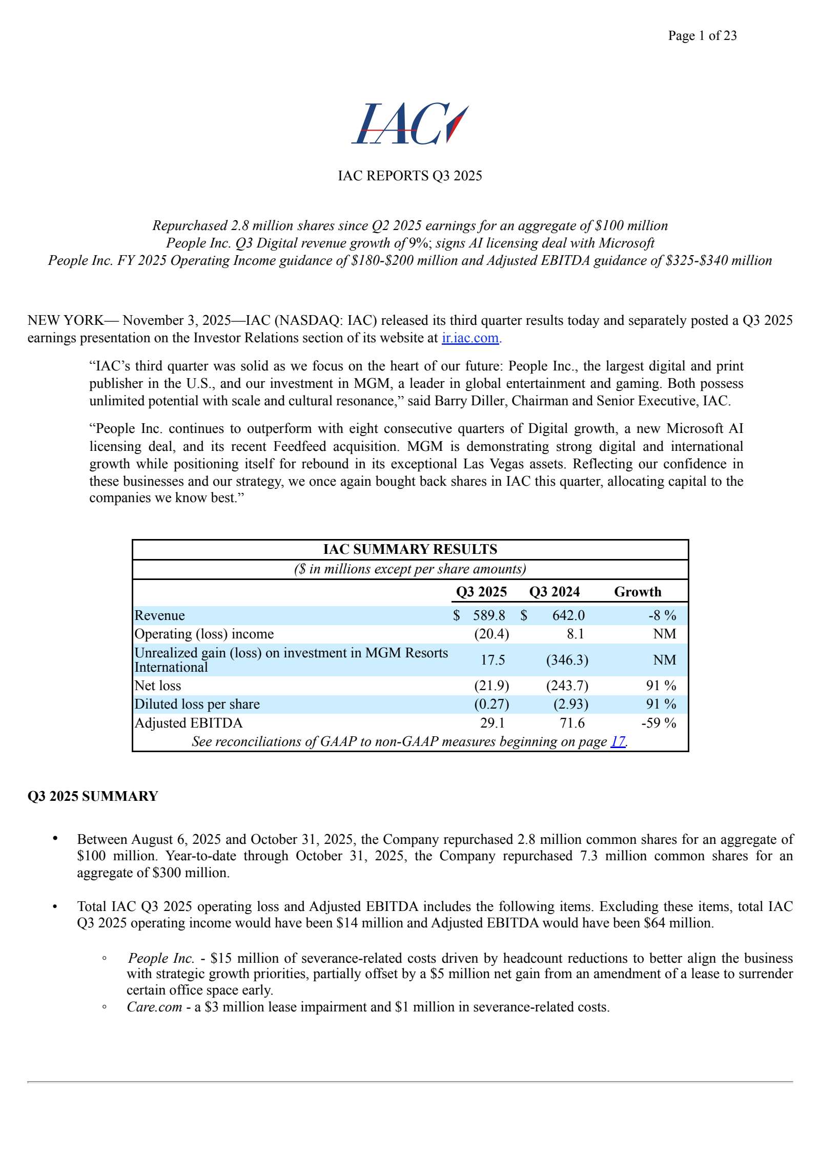 IAC's Q3 2025 Earnings Release