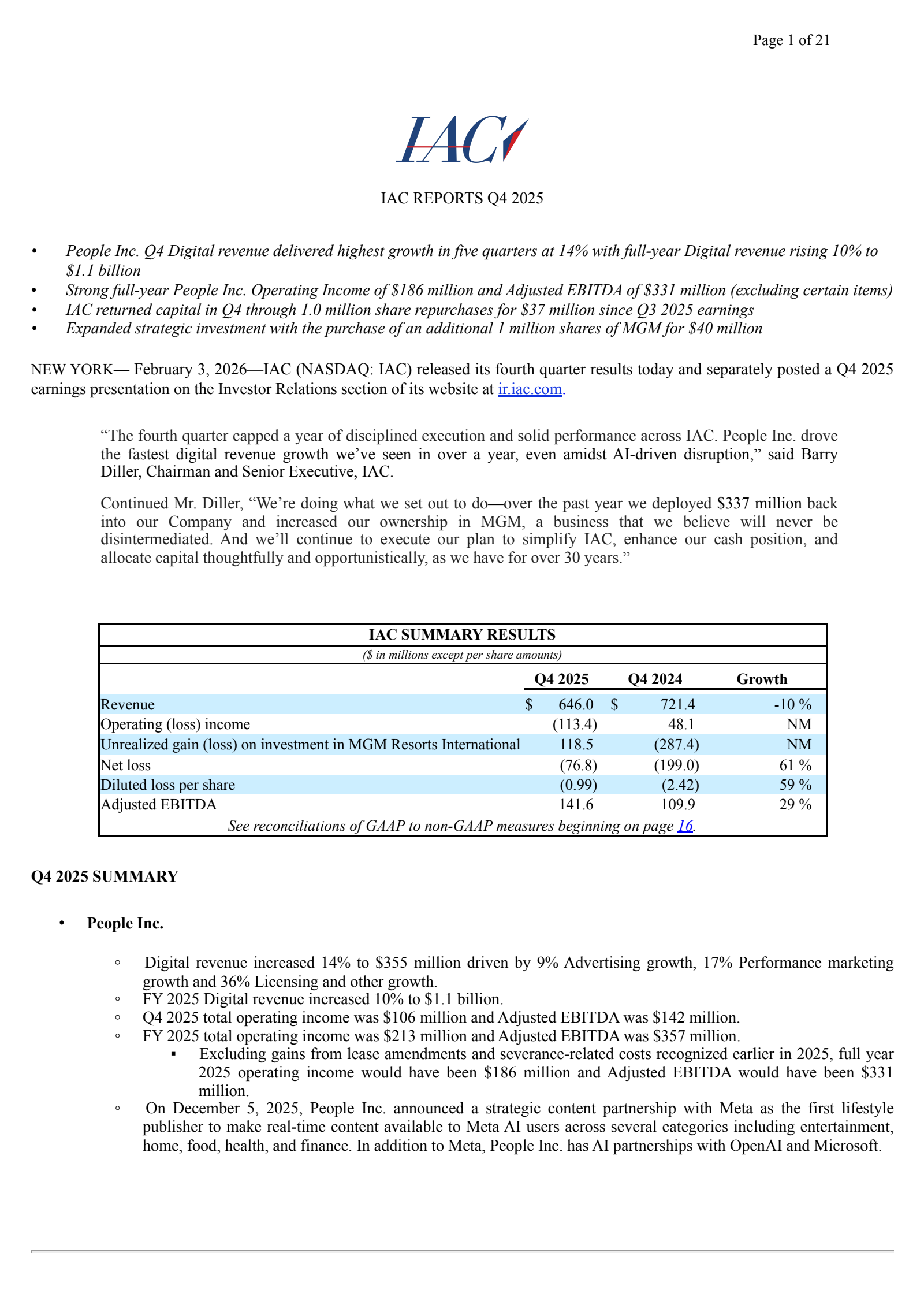 IAC's Q4 2025 Press Release