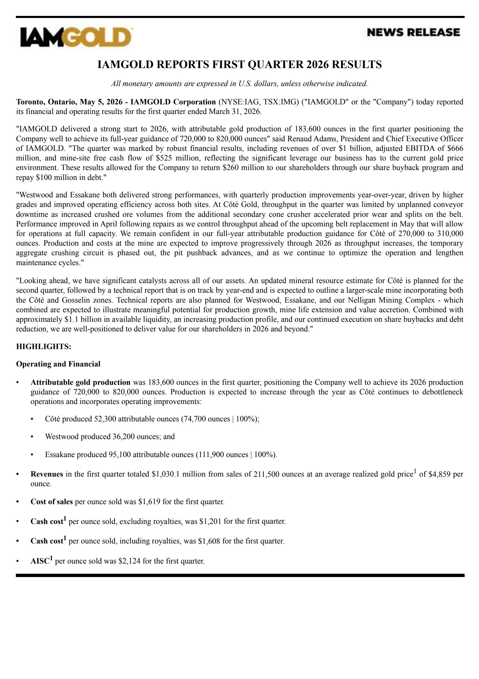 Iamgold's Q1 2026 Press Release