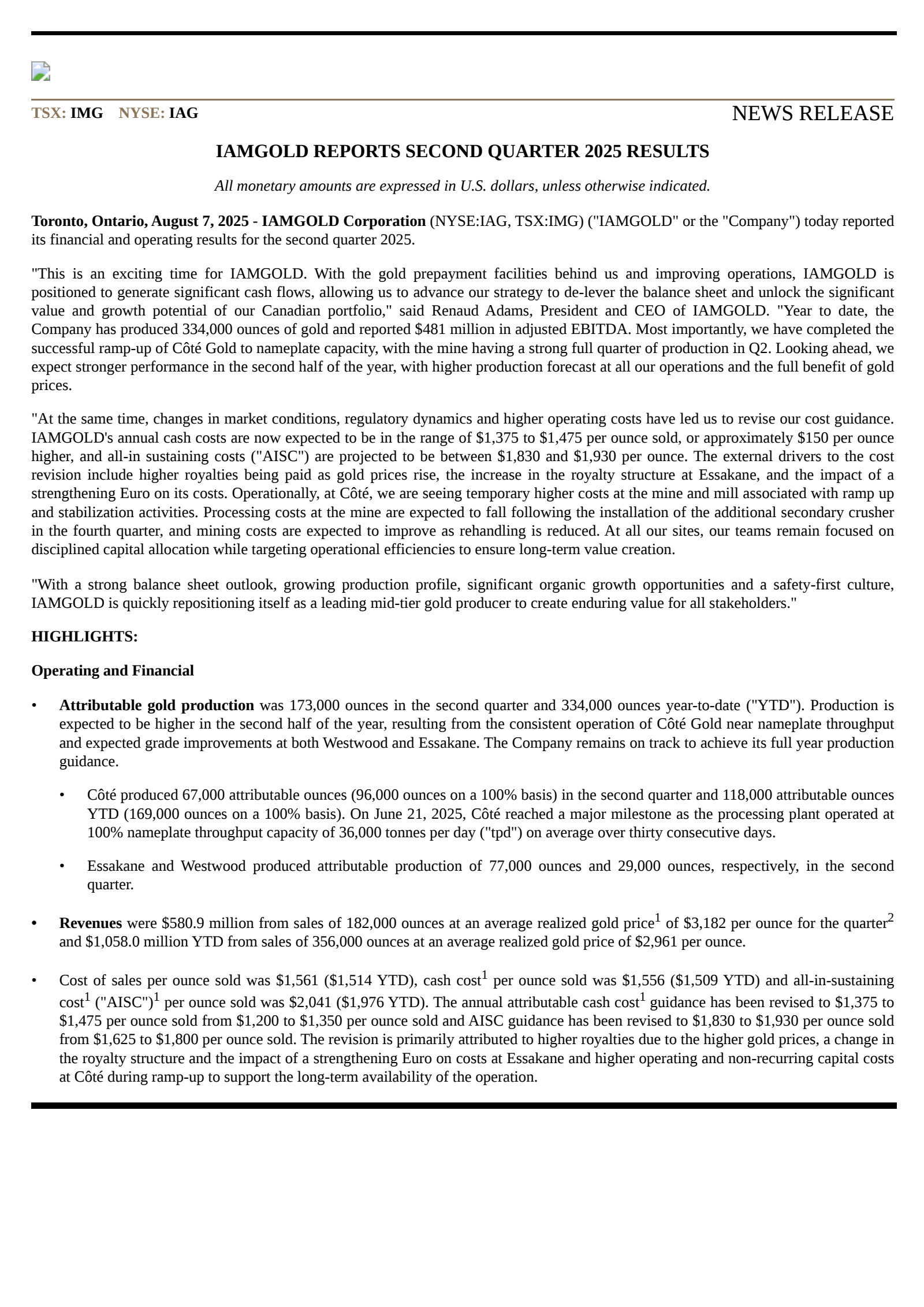 Iamgold's Q2 2025 Press Release