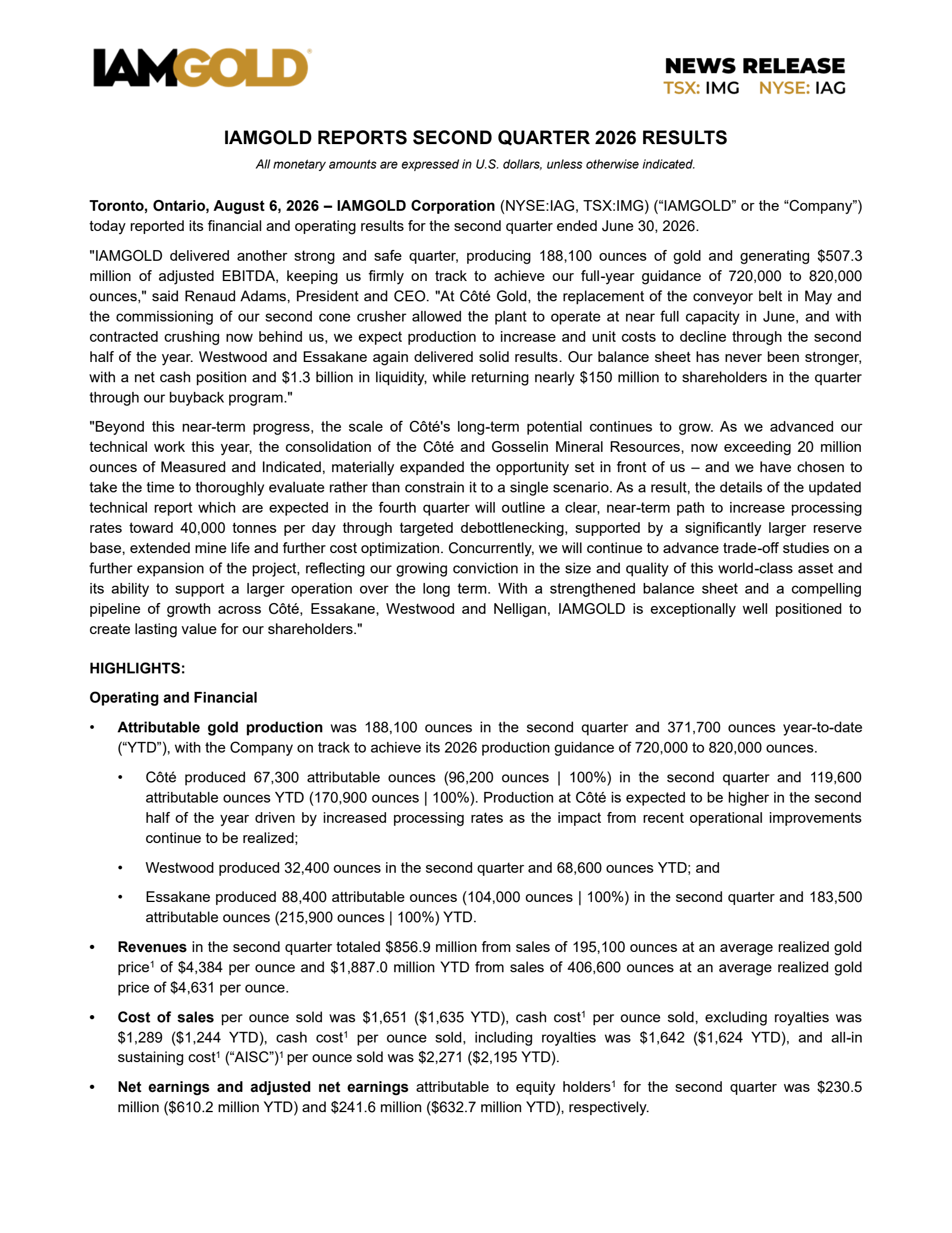 Iamgold's Q2 2026 Press Release