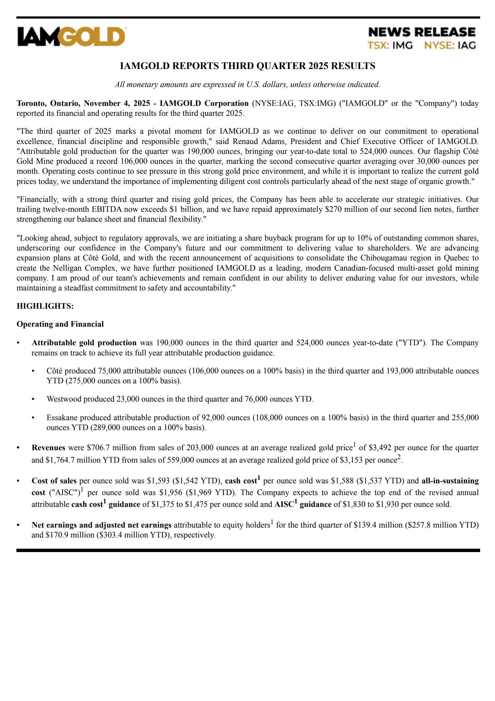 Iamgold's Q3 2025 Earnings Release