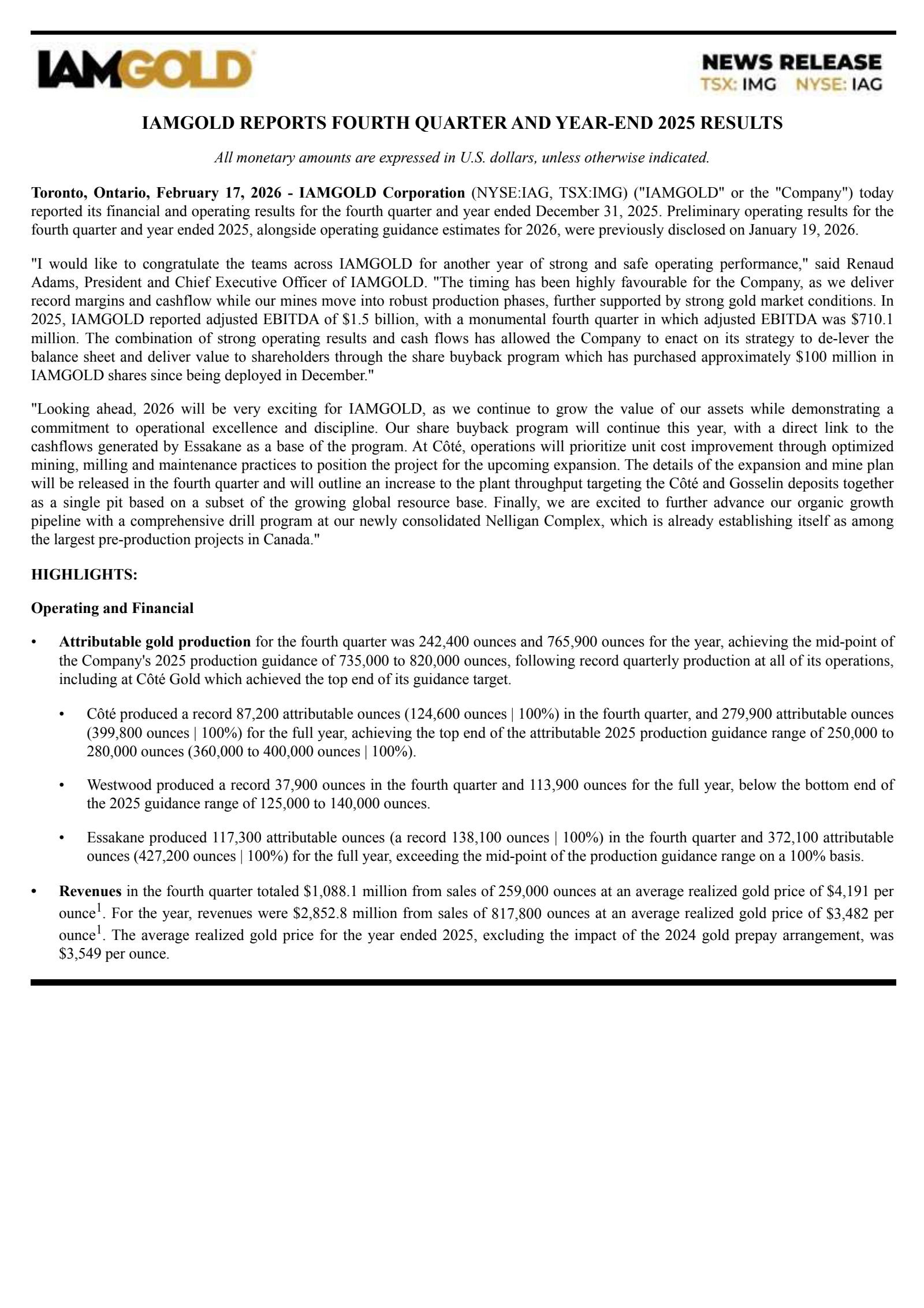 Iamgold's Q4 2025 Press Release