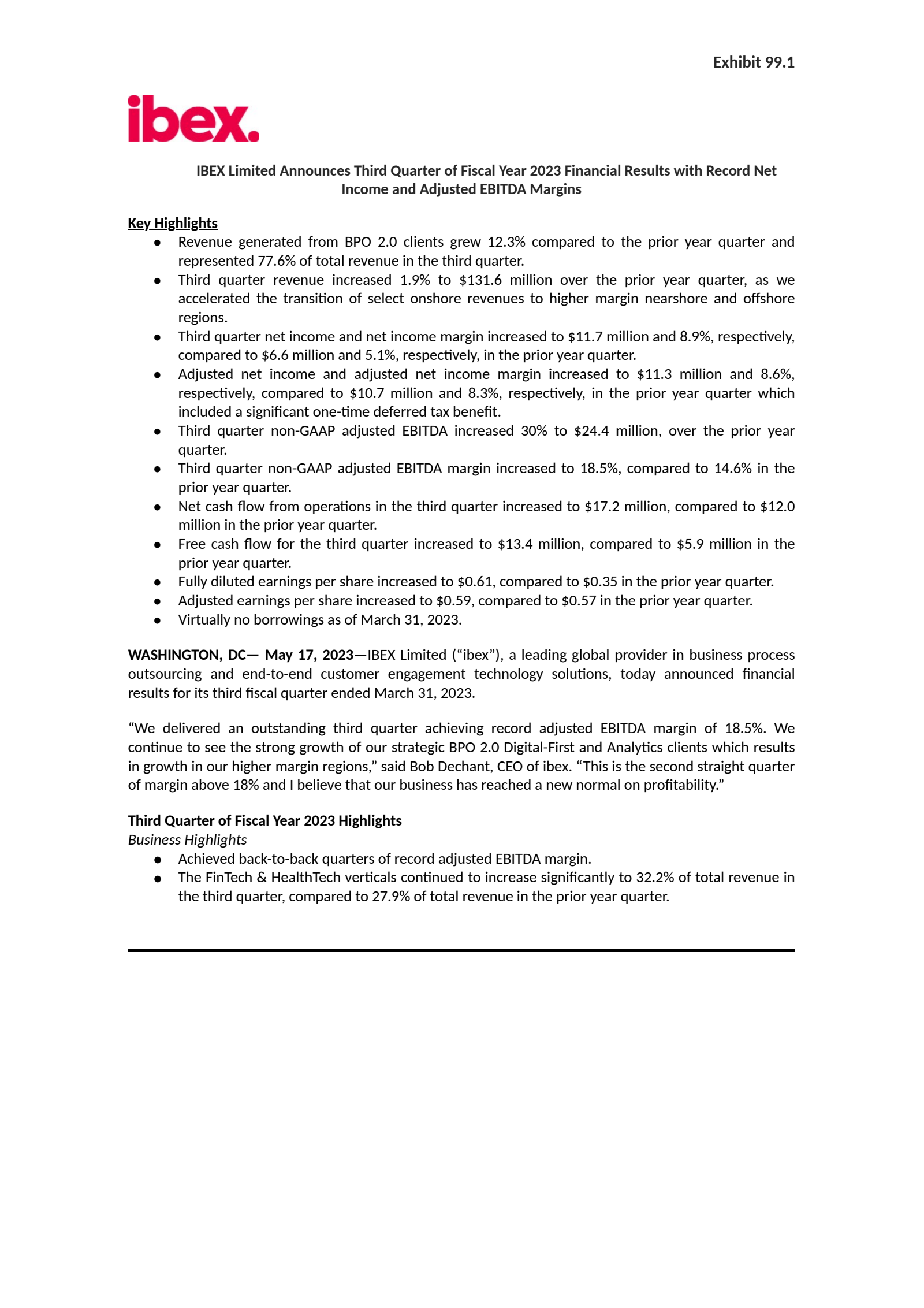 IBEX's Q3 2023 Press Release