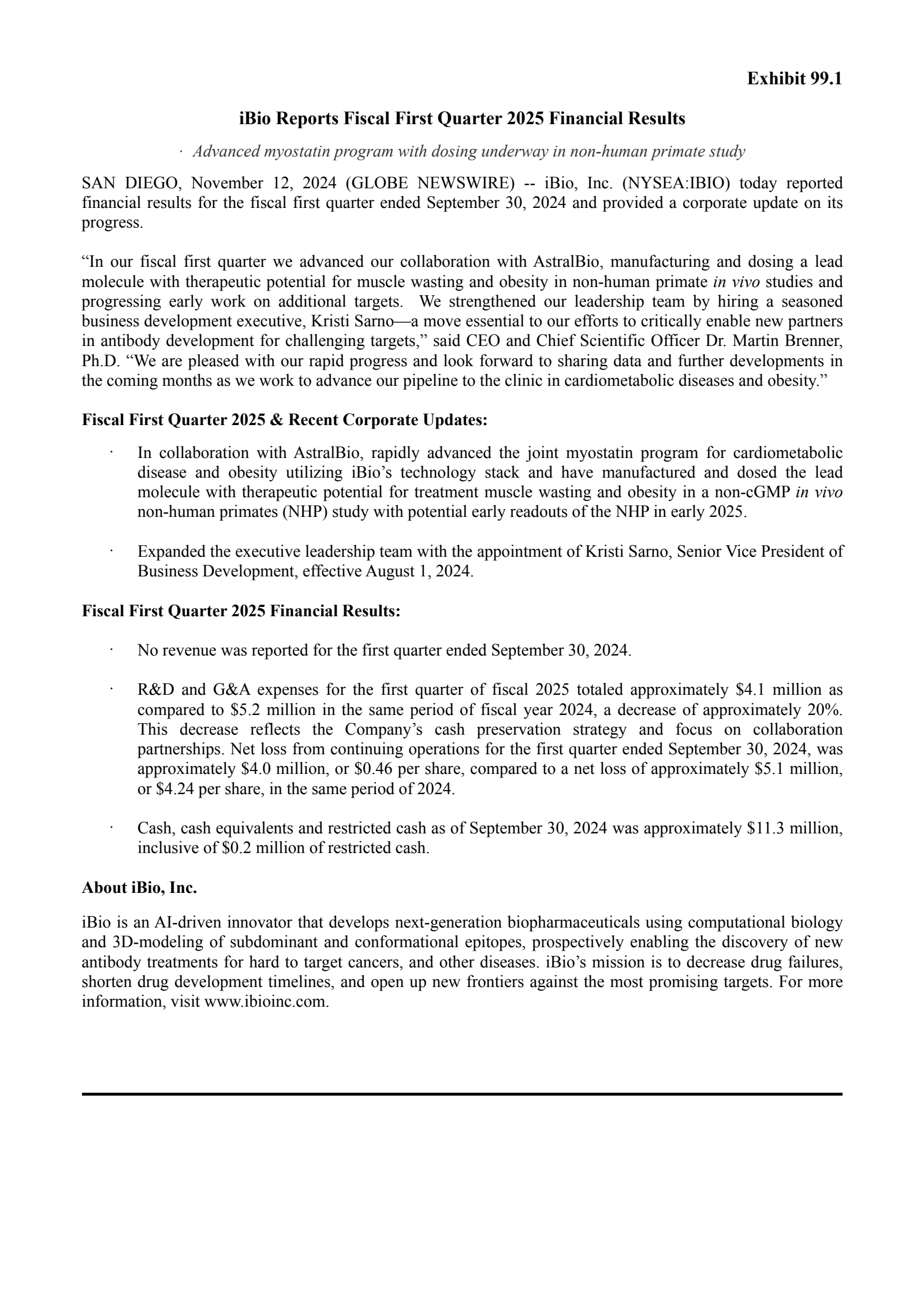iBio's Q1 2025 Press Release