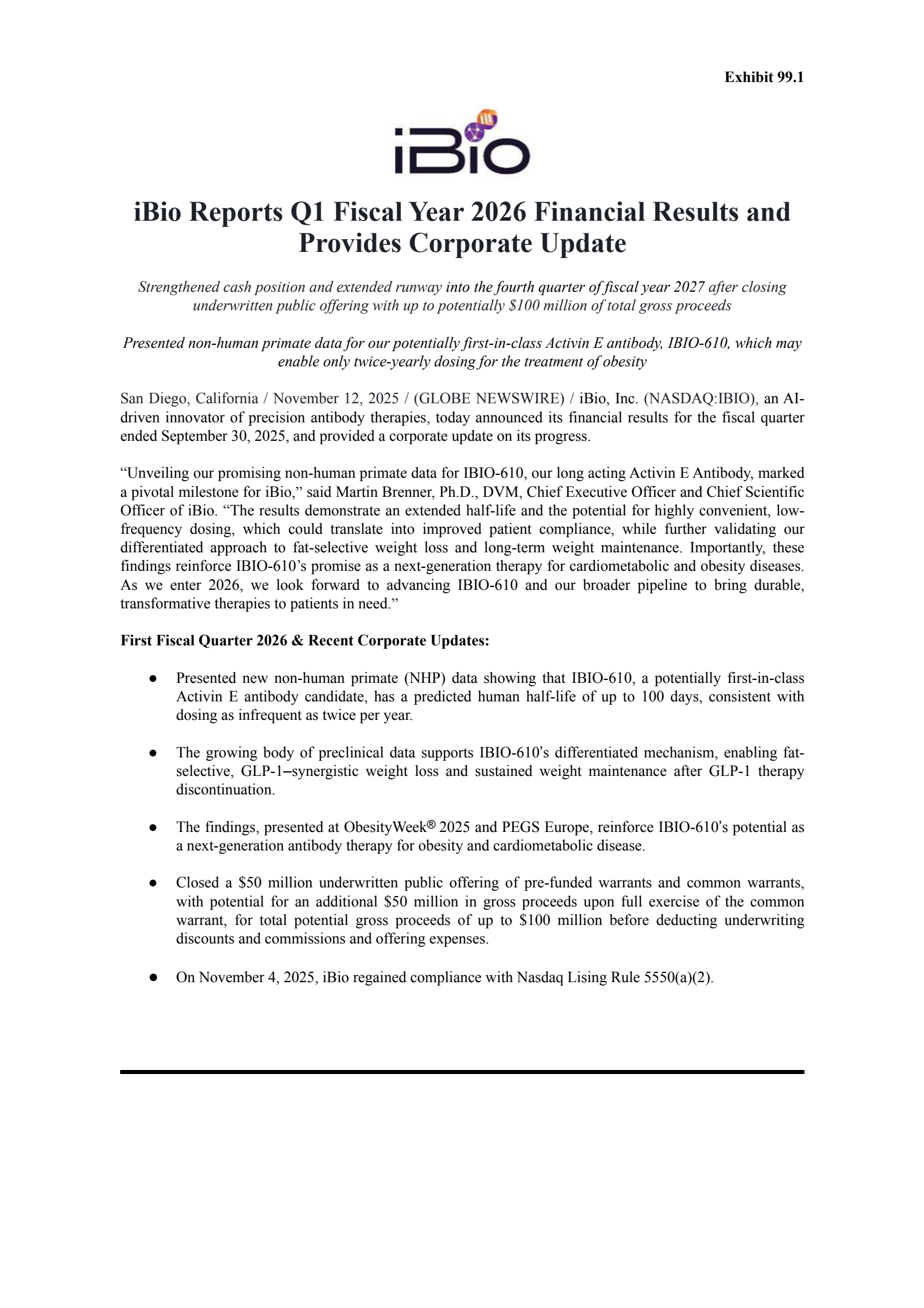 iBio's Q1 2026 Earnings Release