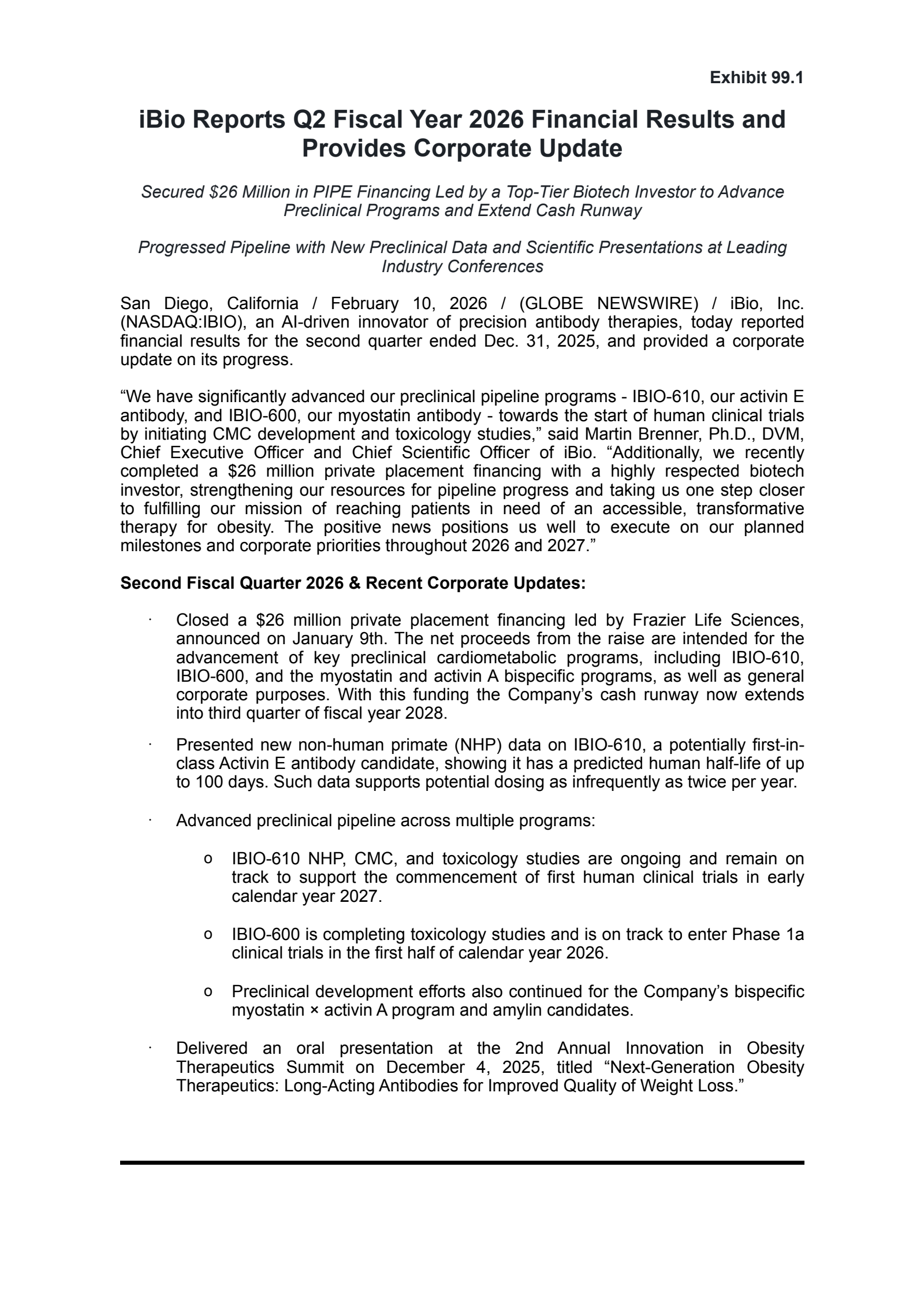 iBio's Q2 2026 Press Release