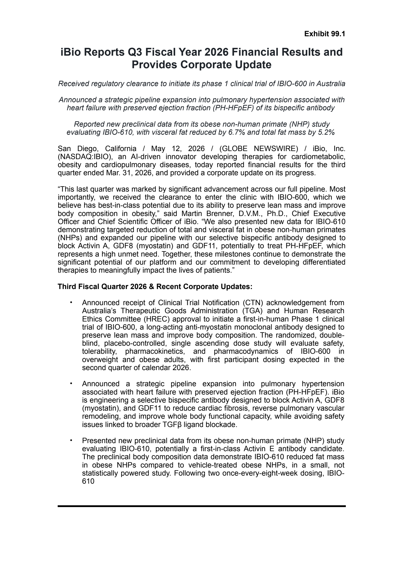 iBio's Q3 2026 Press Release