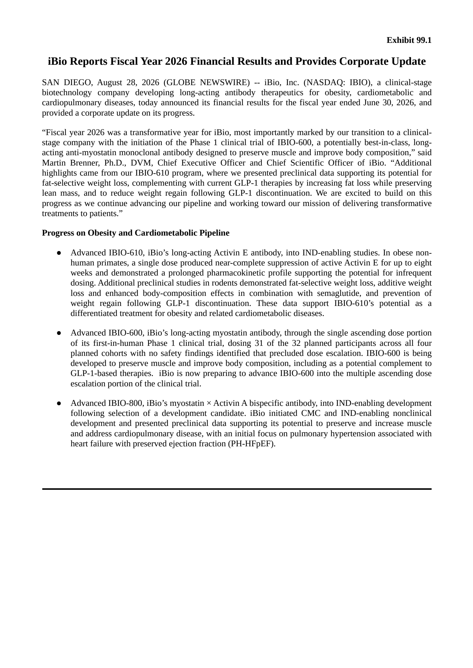 iBio's Q4 2026 Press Release