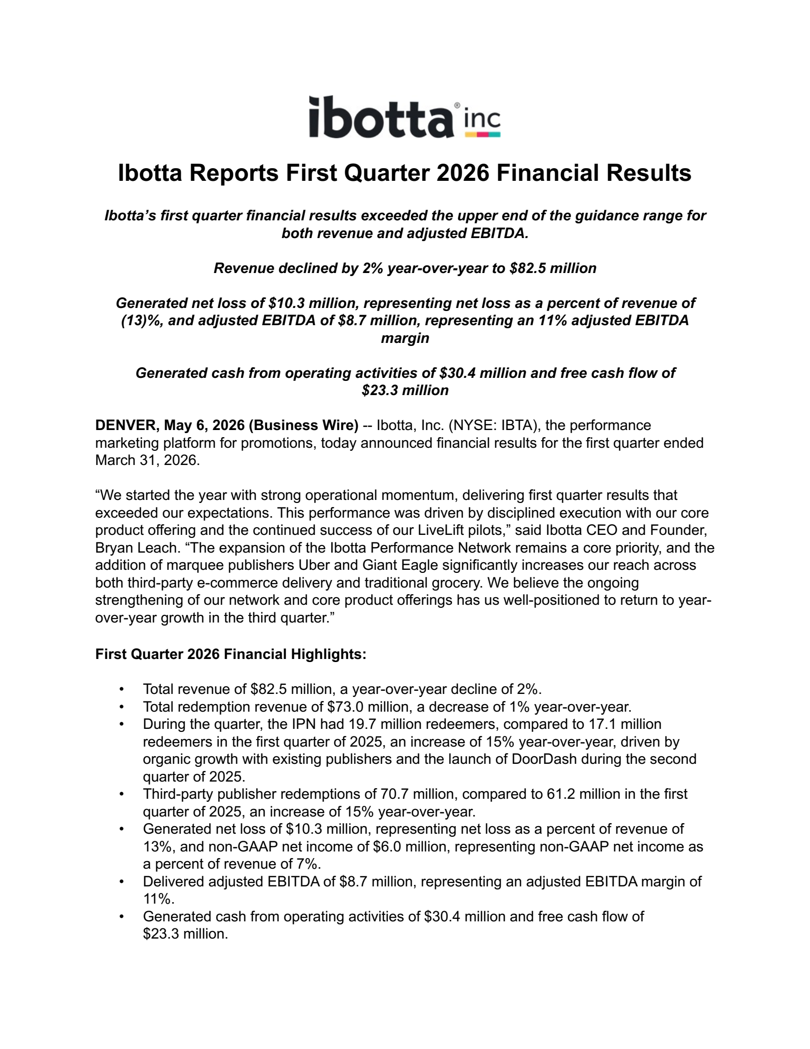 Ibotta's Q1 2026 Press Release