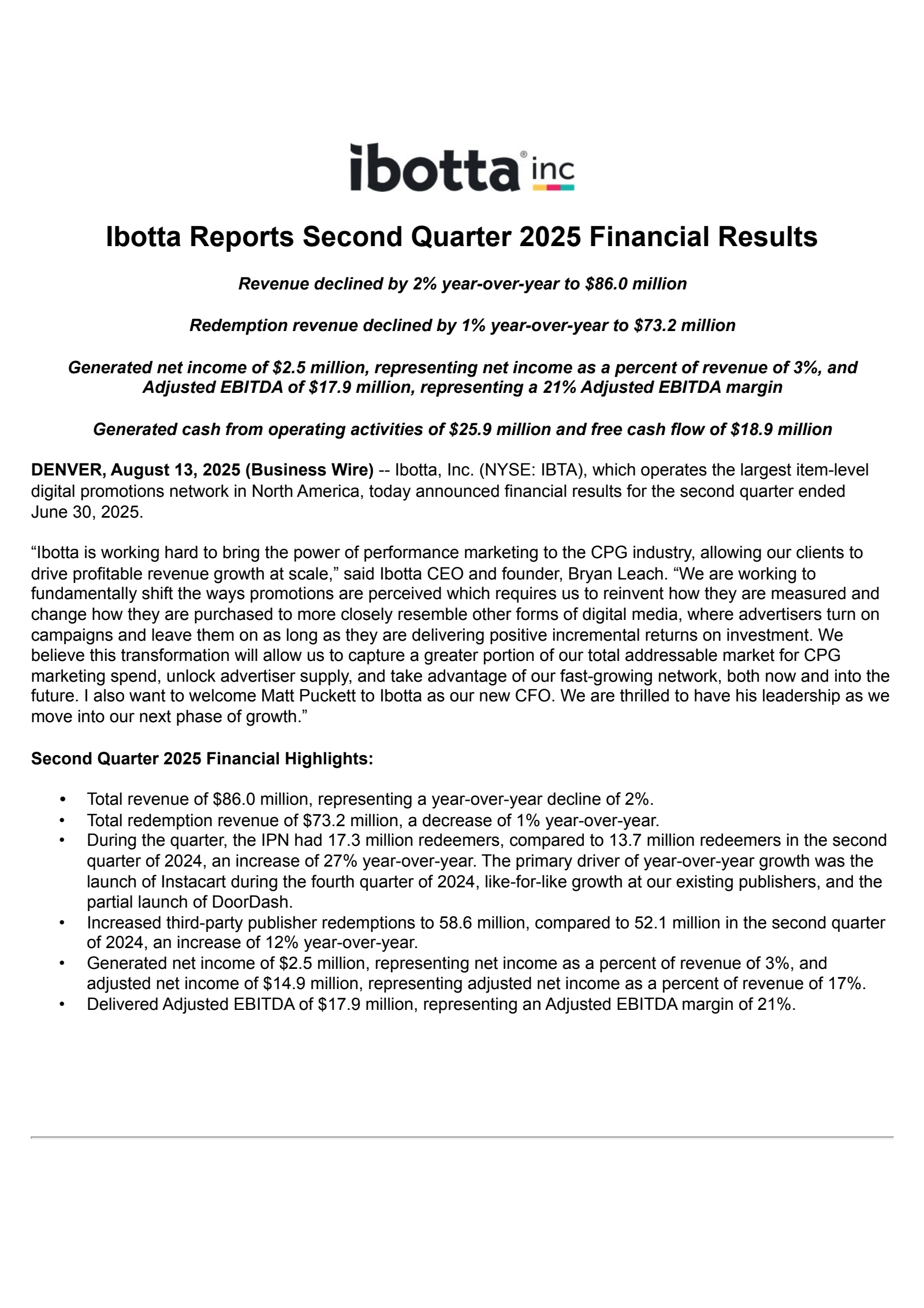 Ibotta's Q2 2025 Press Release