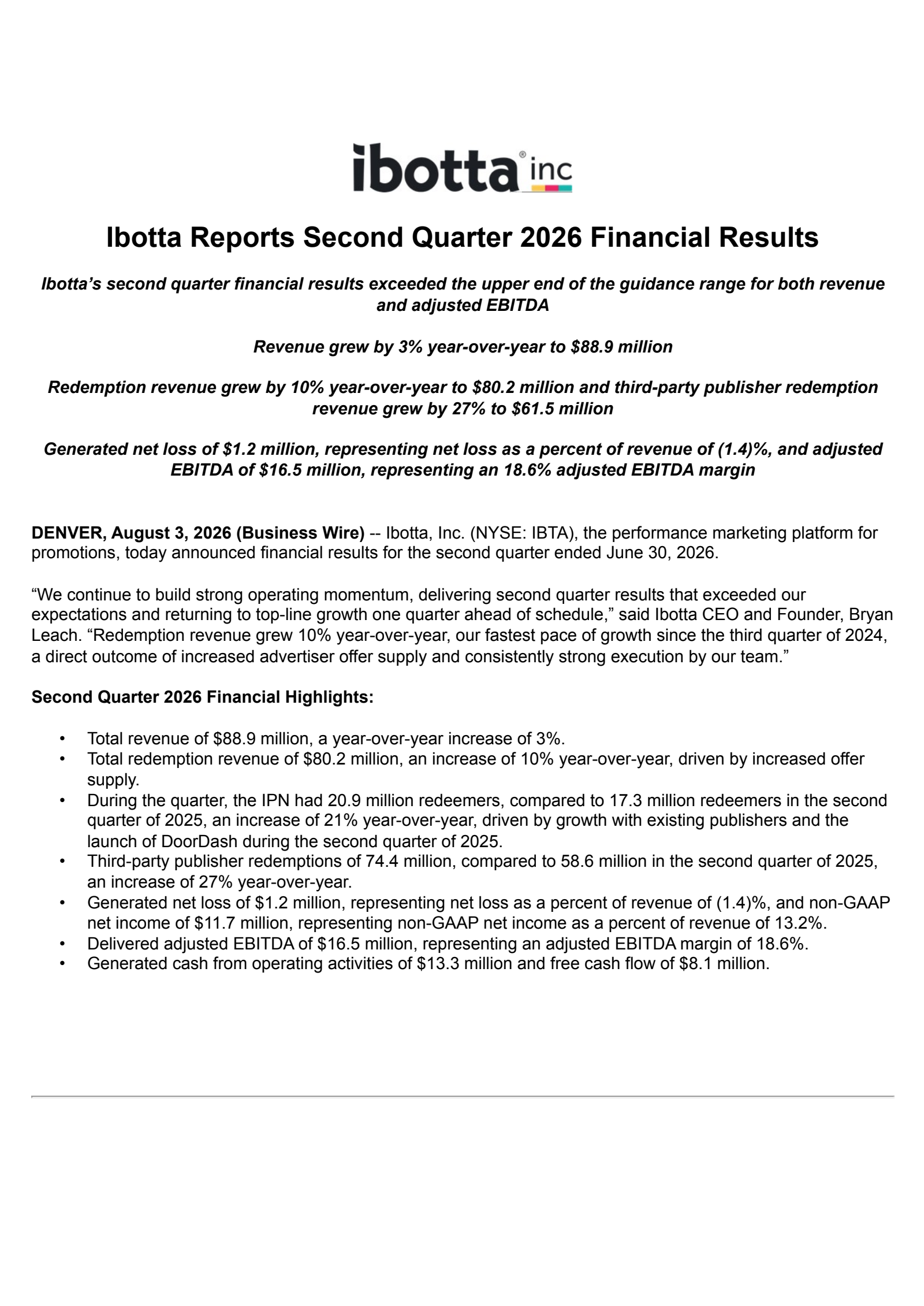 Ibotta's Q2 2026 Press Release