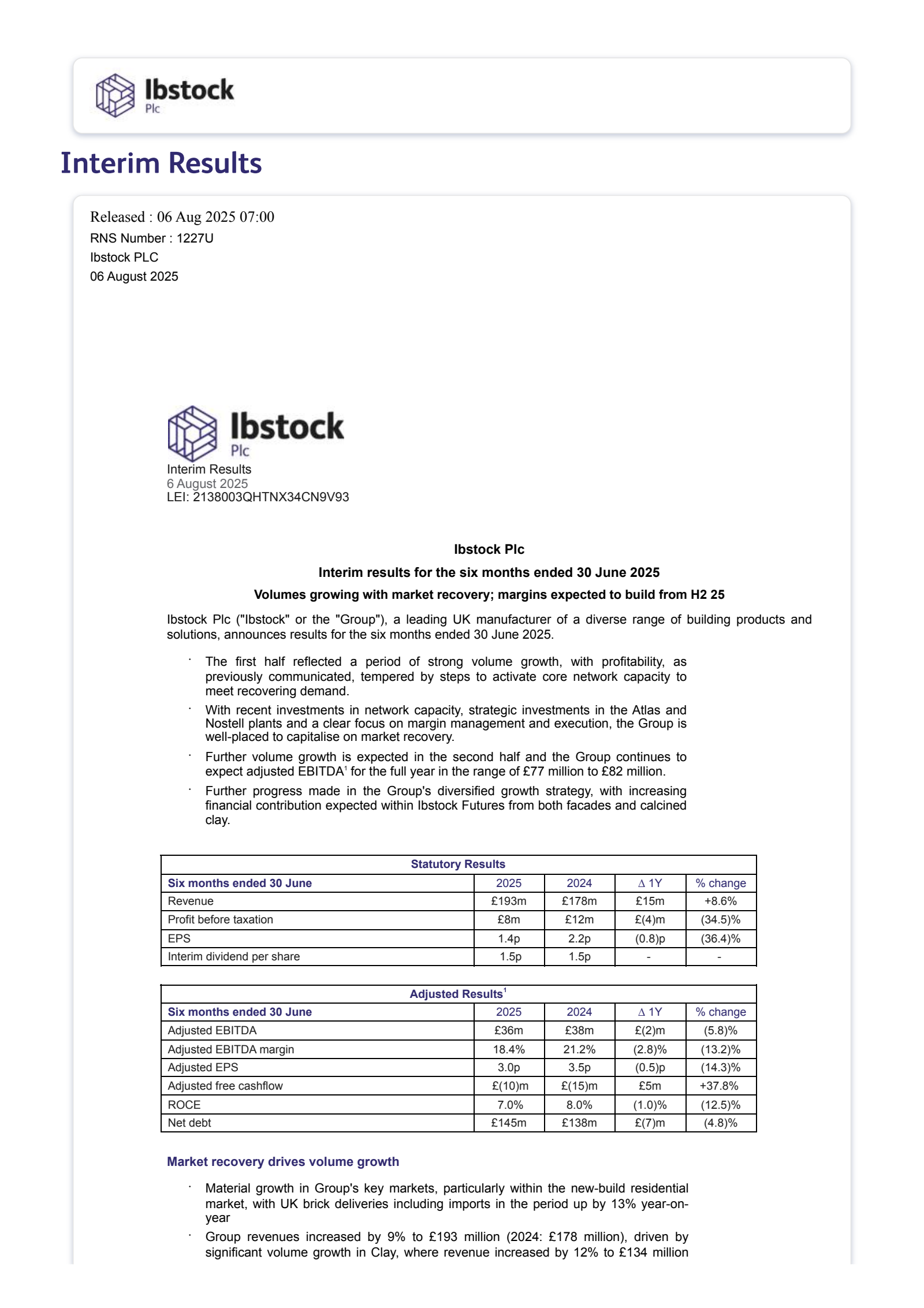 Ibstock's H1 2025 Interim report