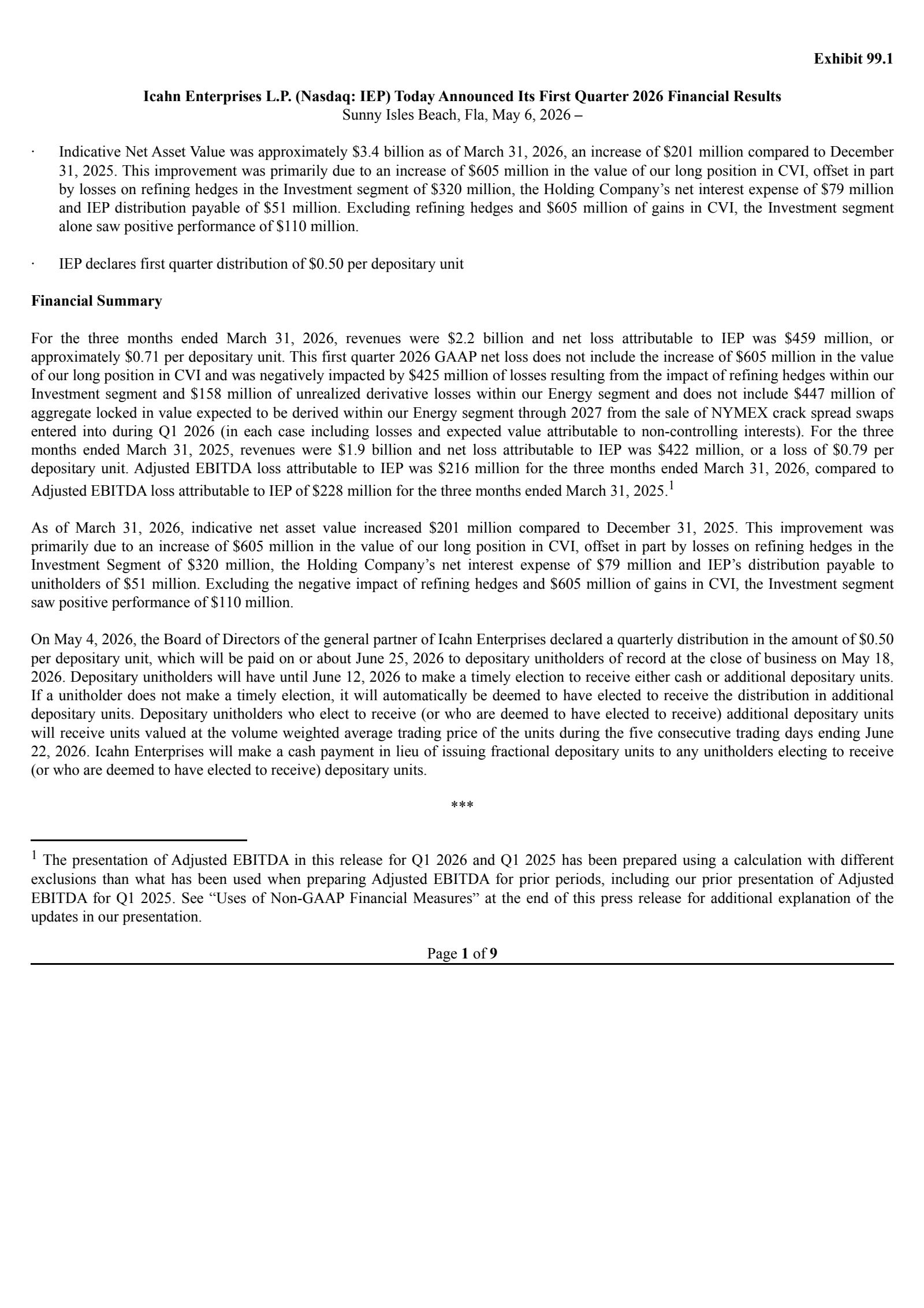 Icahn Enterprises' Q1 2026 Press Release