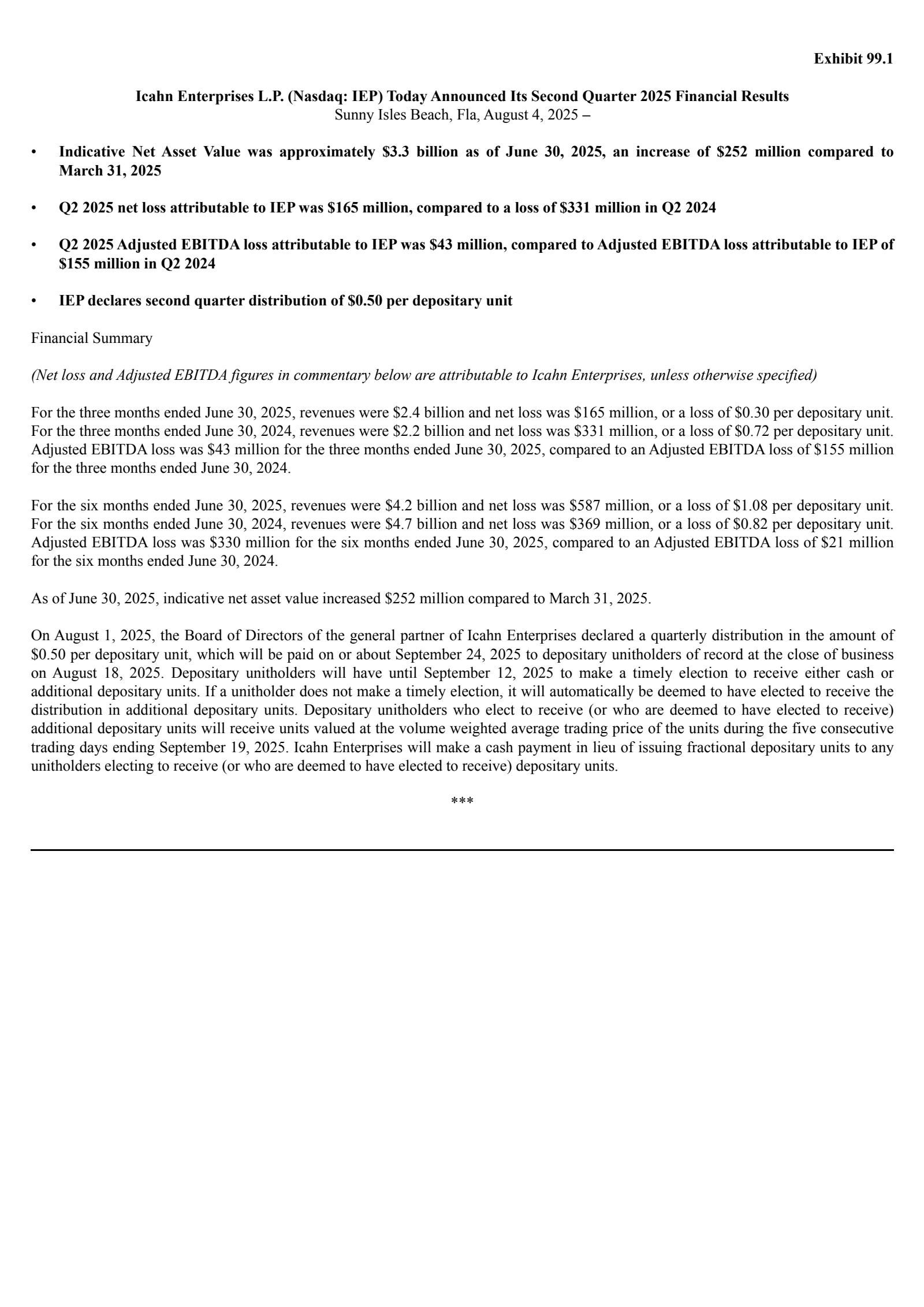 Icahn Enterprises' Q2 2025 Press Release
