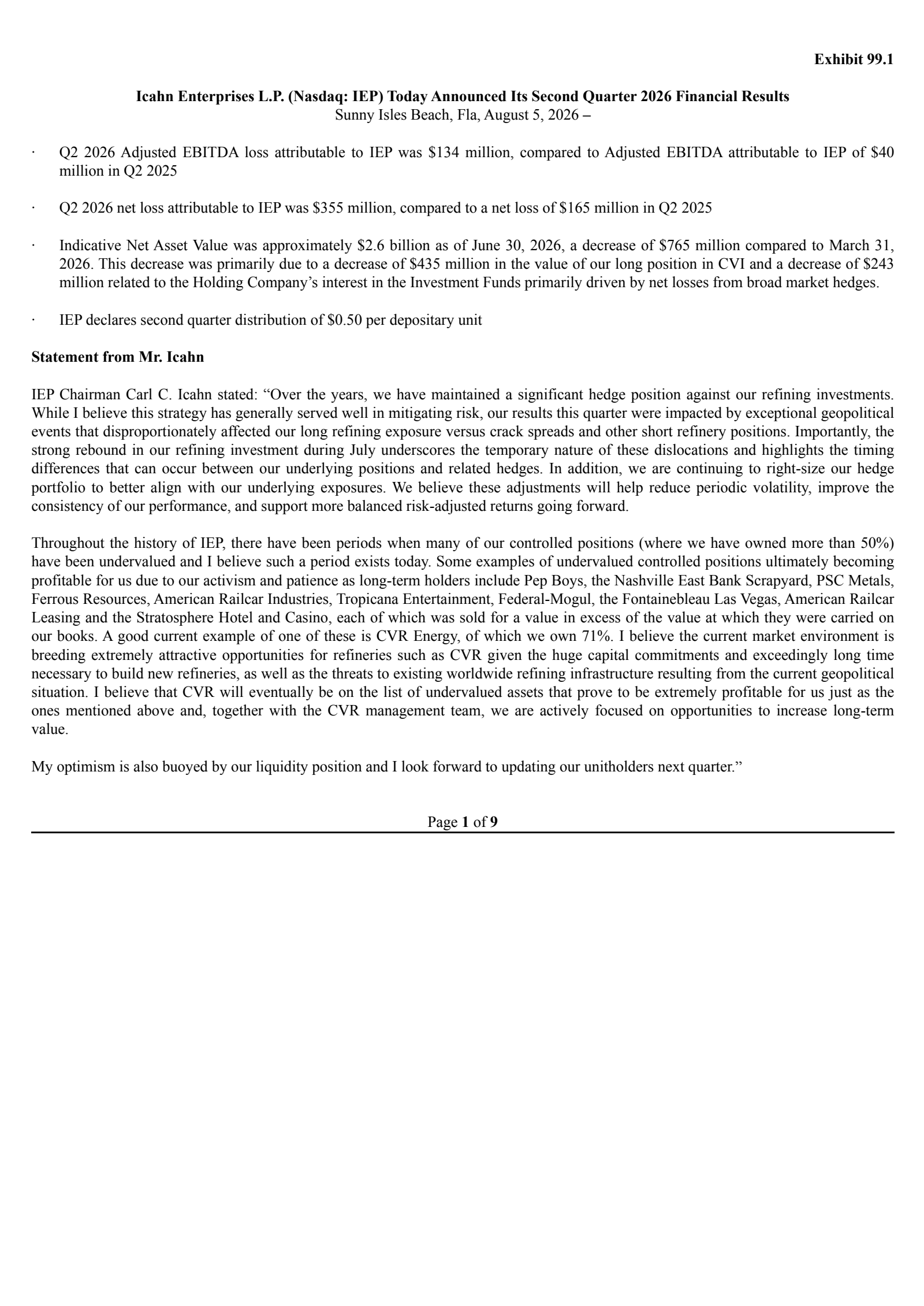 Icahn Enterprises' Q2 2026 Press Release