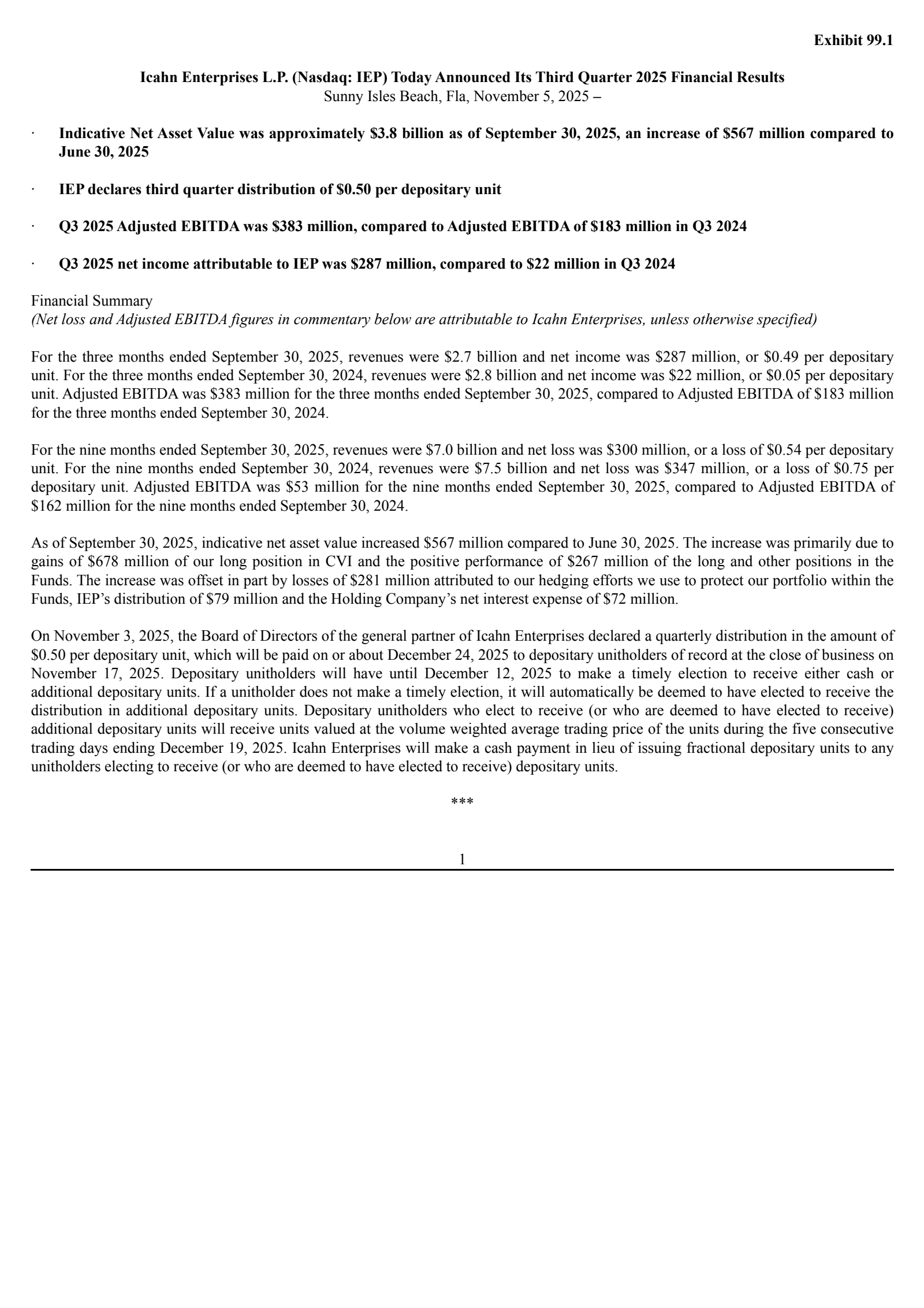 Icahn Enterprises' Q3 2025 Earnings Release