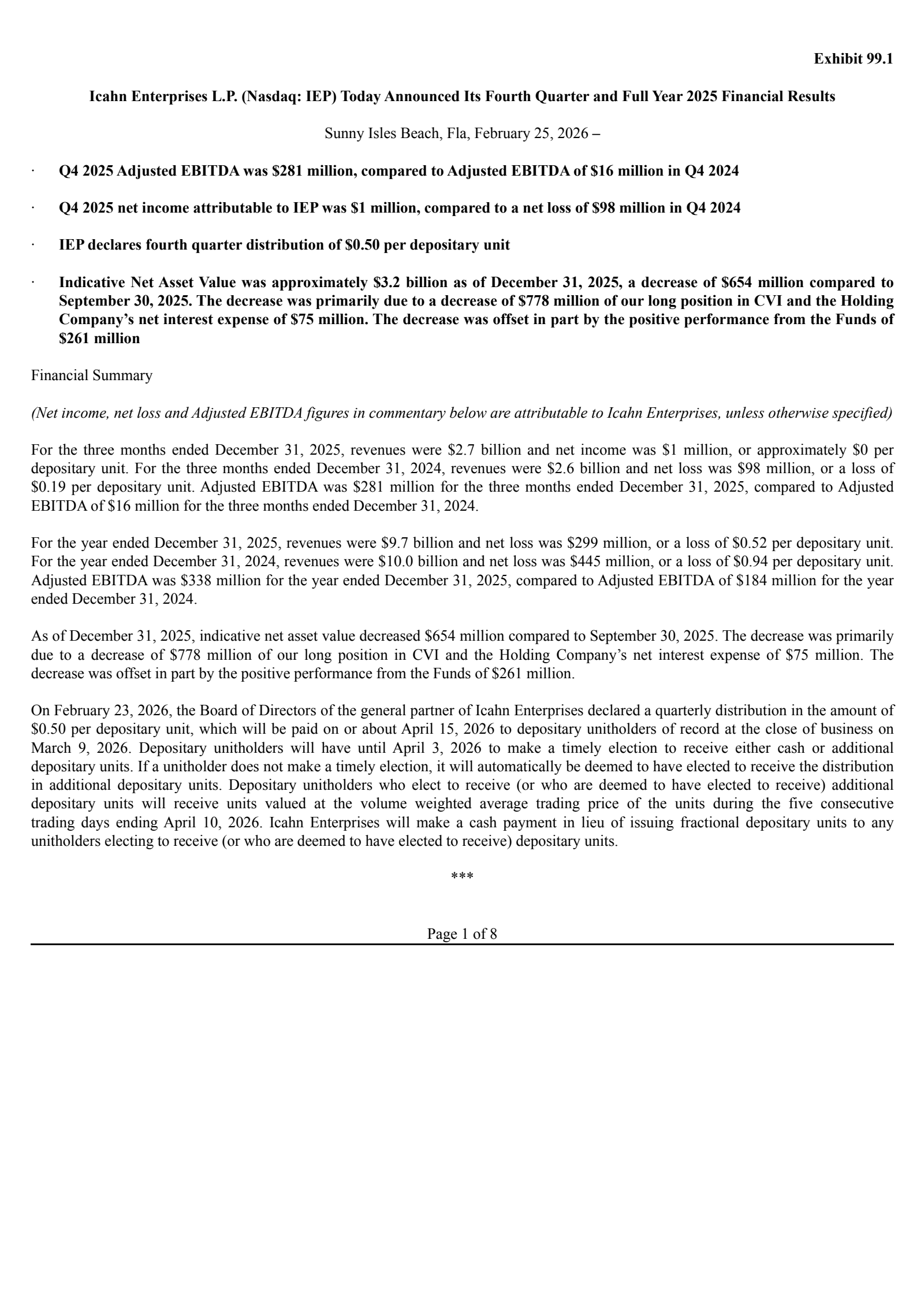 Icahn Enterprises' Q4 2025 Press Release