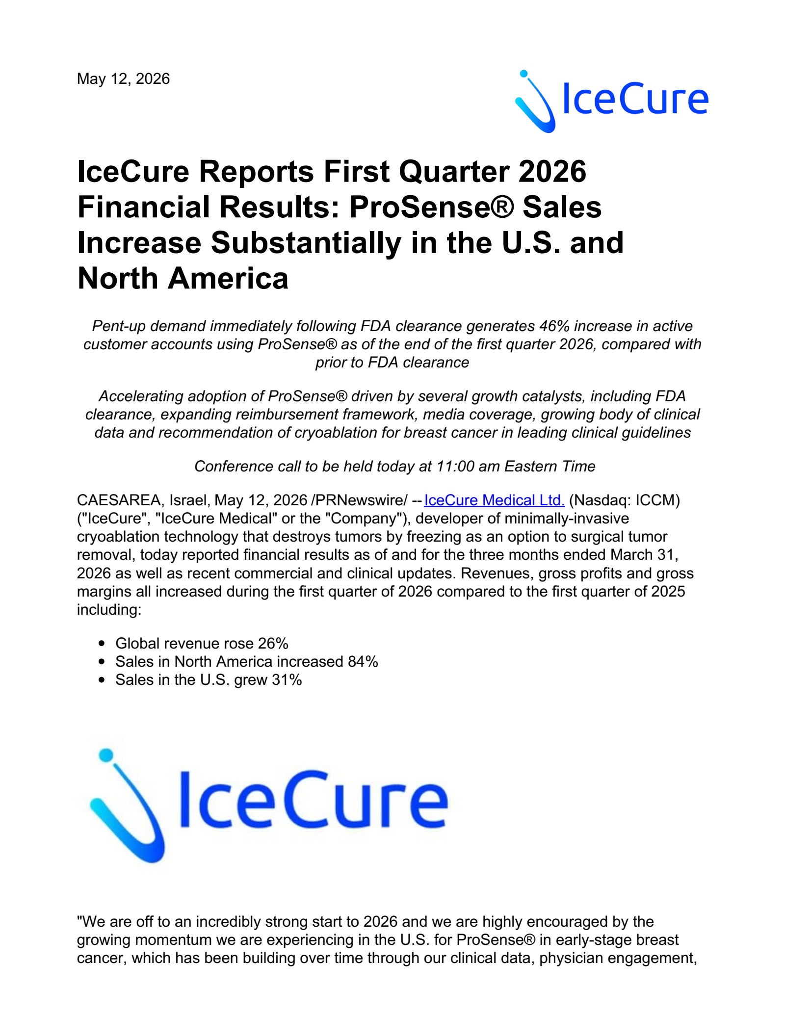 IceCure Medical's Q1 2026 Press Release