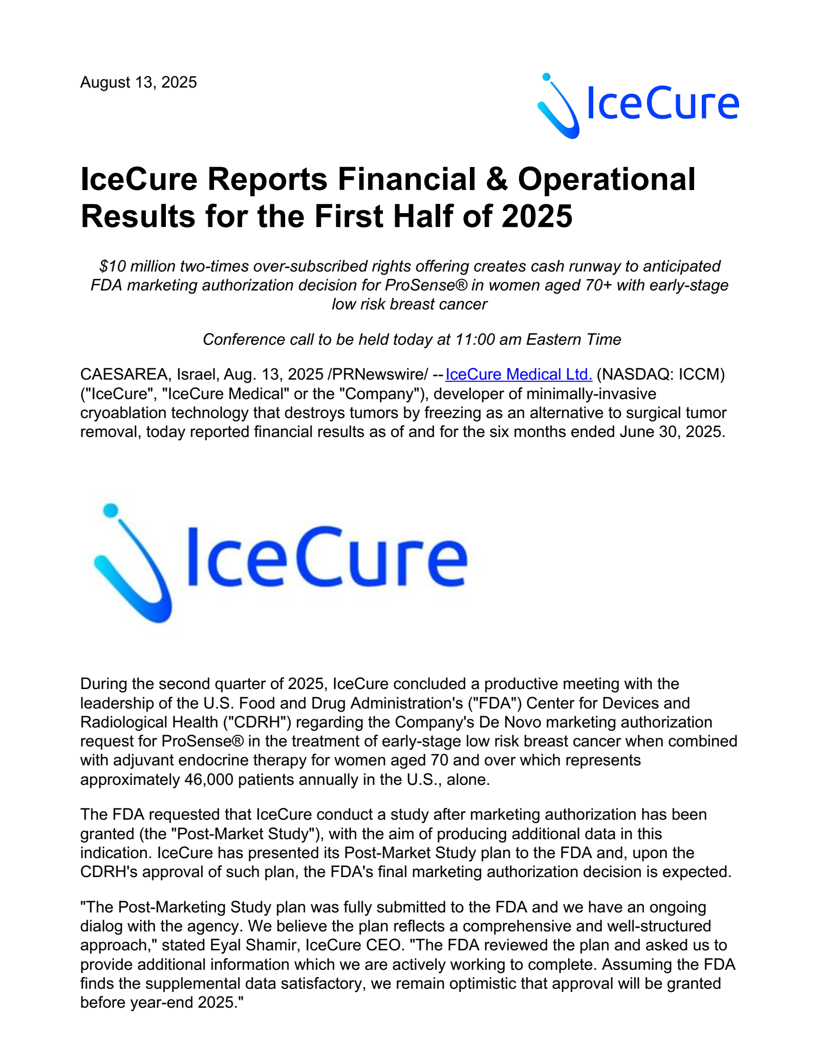 IceCure Medical's Q2 2025 Press Release