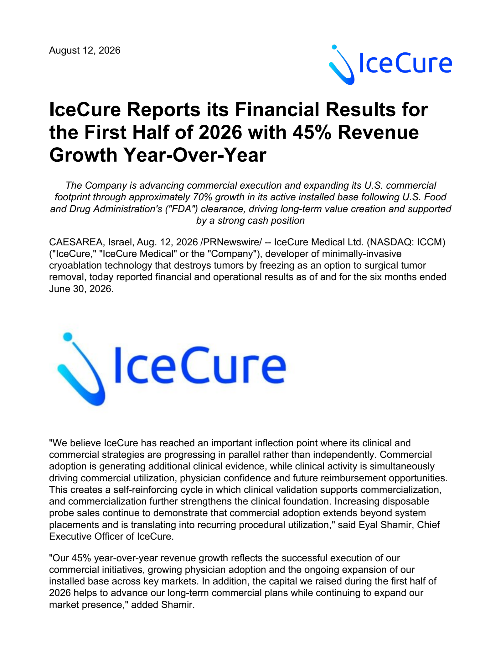 IceCure Medical's Q2 2026 Press Release