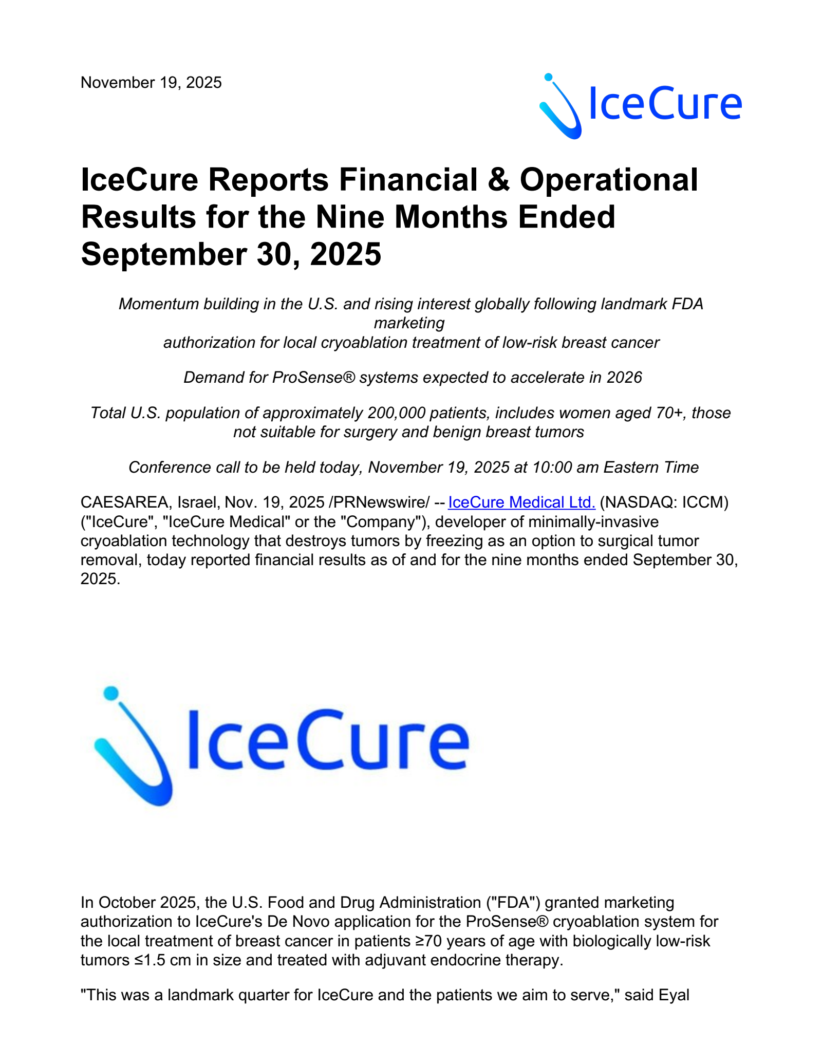 IceCure Medical's Q3 2025 Earnings Release