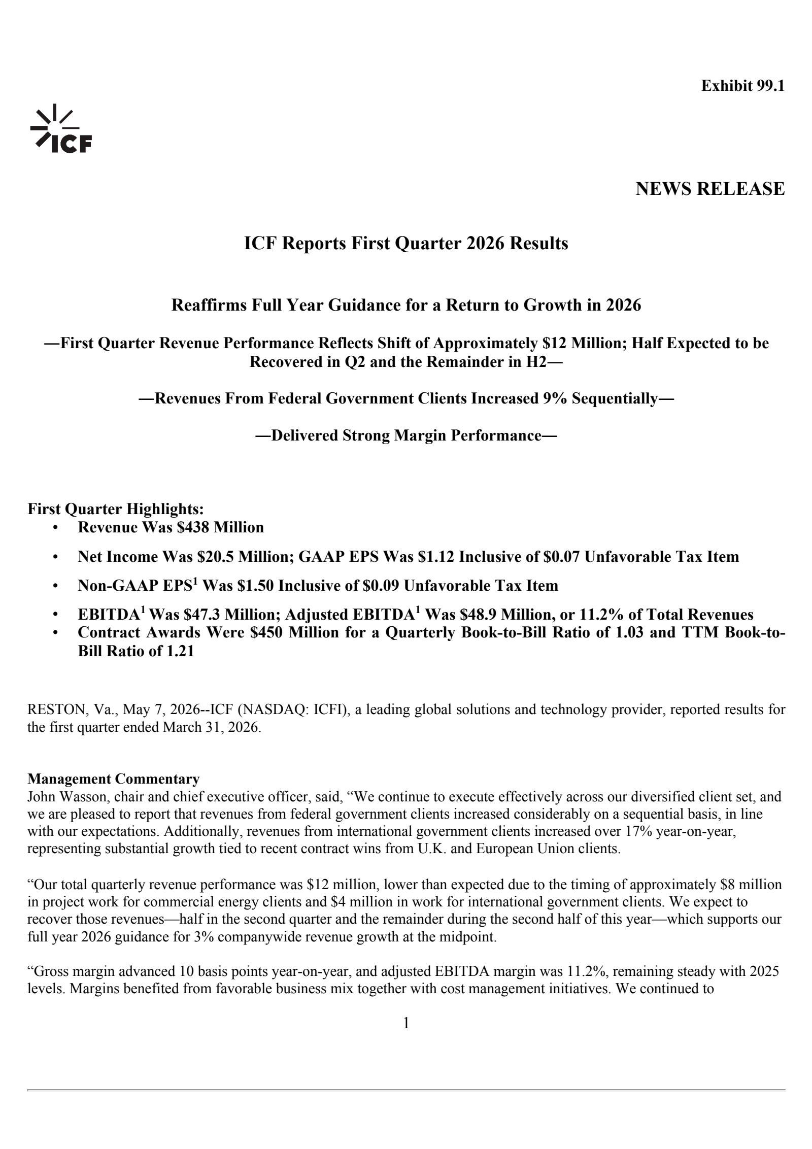 ICF International's Q1 2026 Press Release