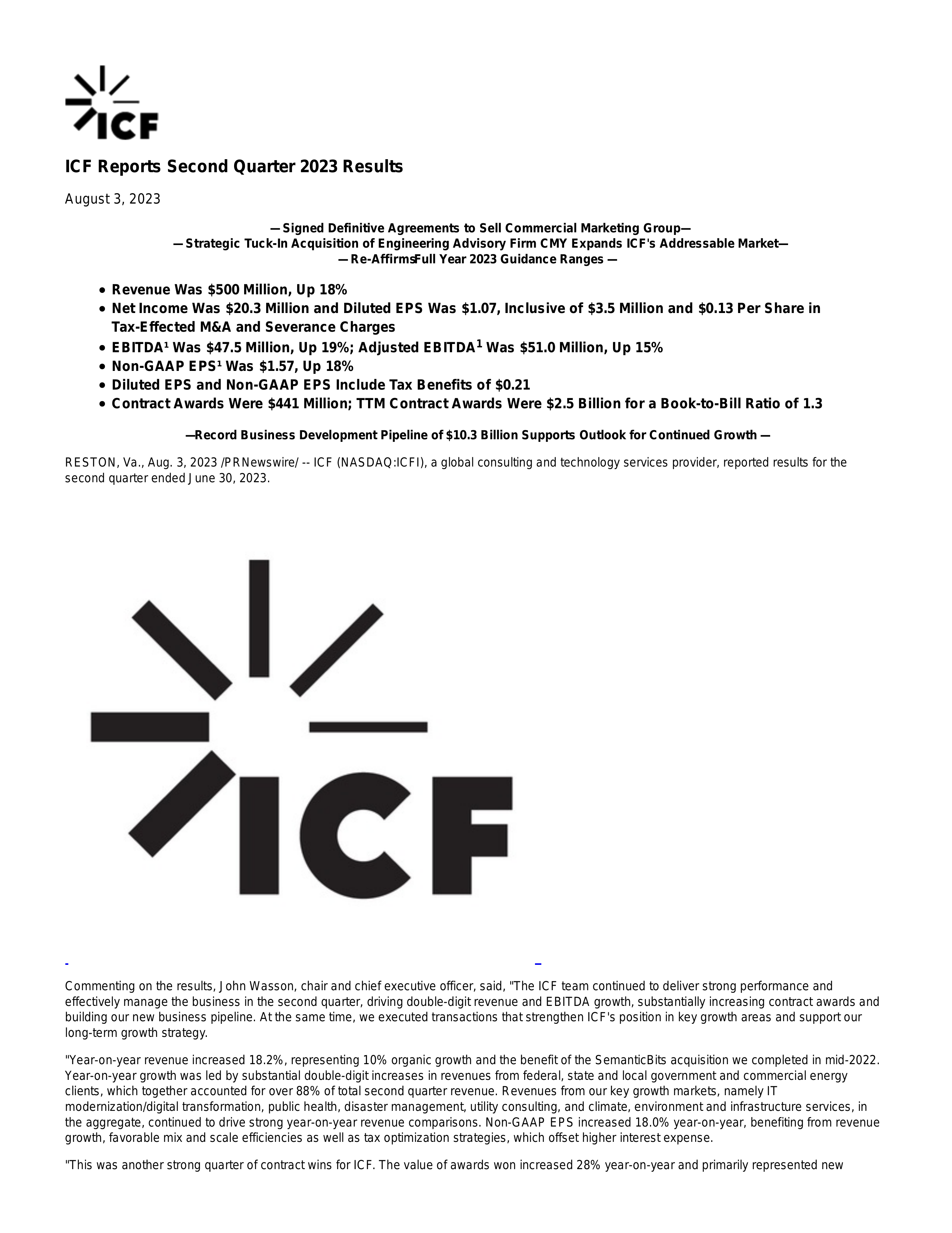 ICF International's Q2 2023 Press Release
