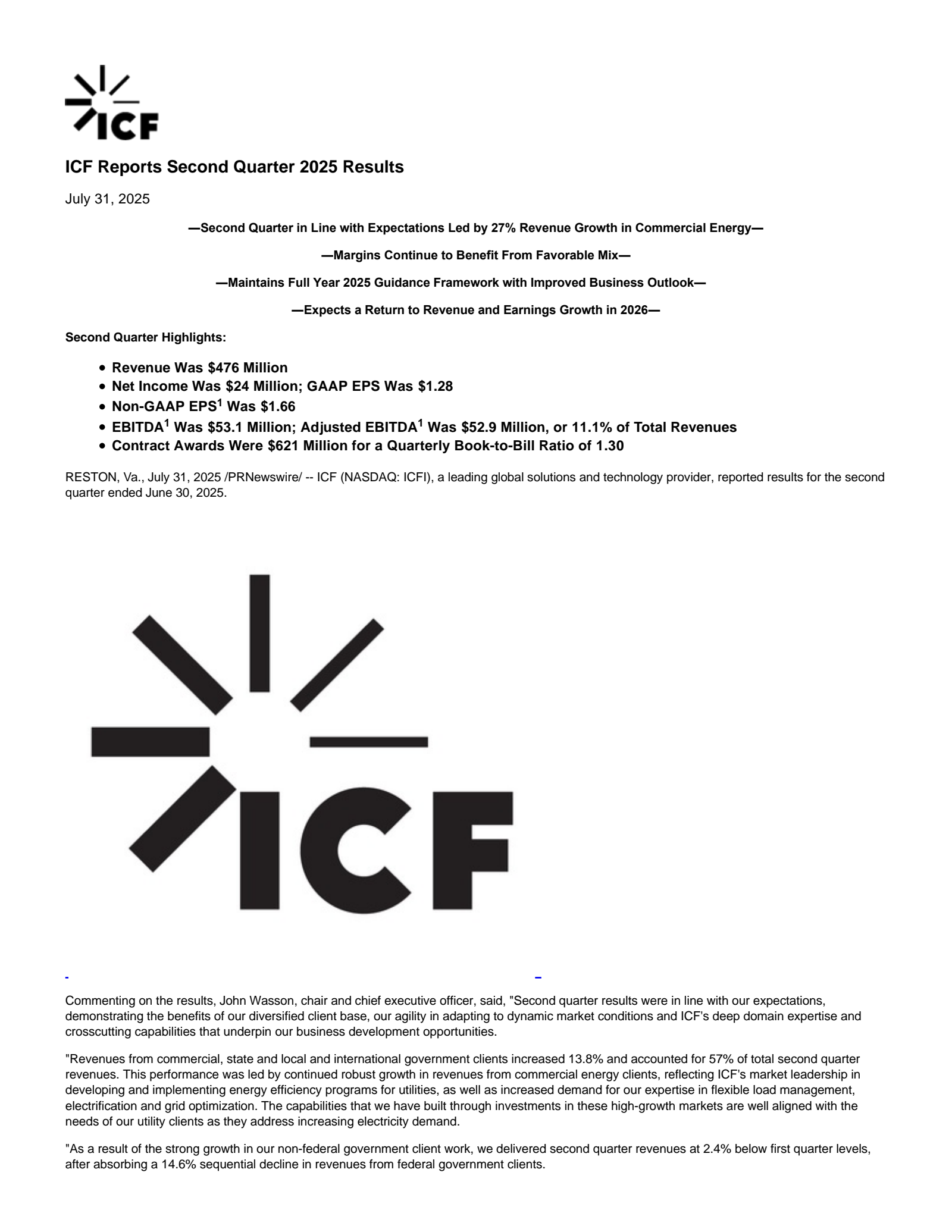 ICF International's Q2 2025 Press Release