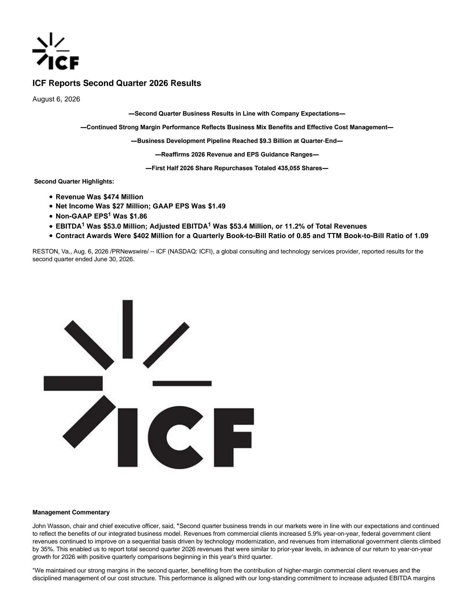 ICF International's Q2 2026 Press Release