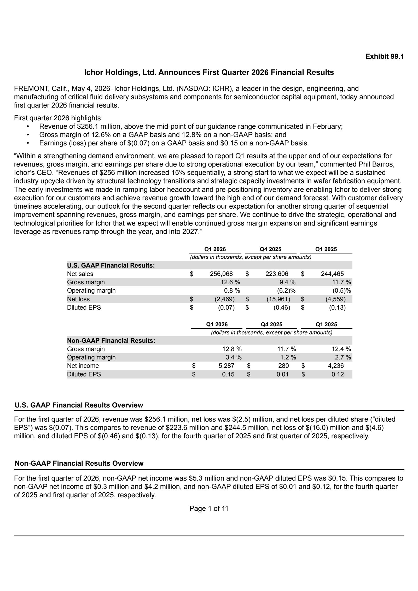 Ichor's Q1 2026 Press Release