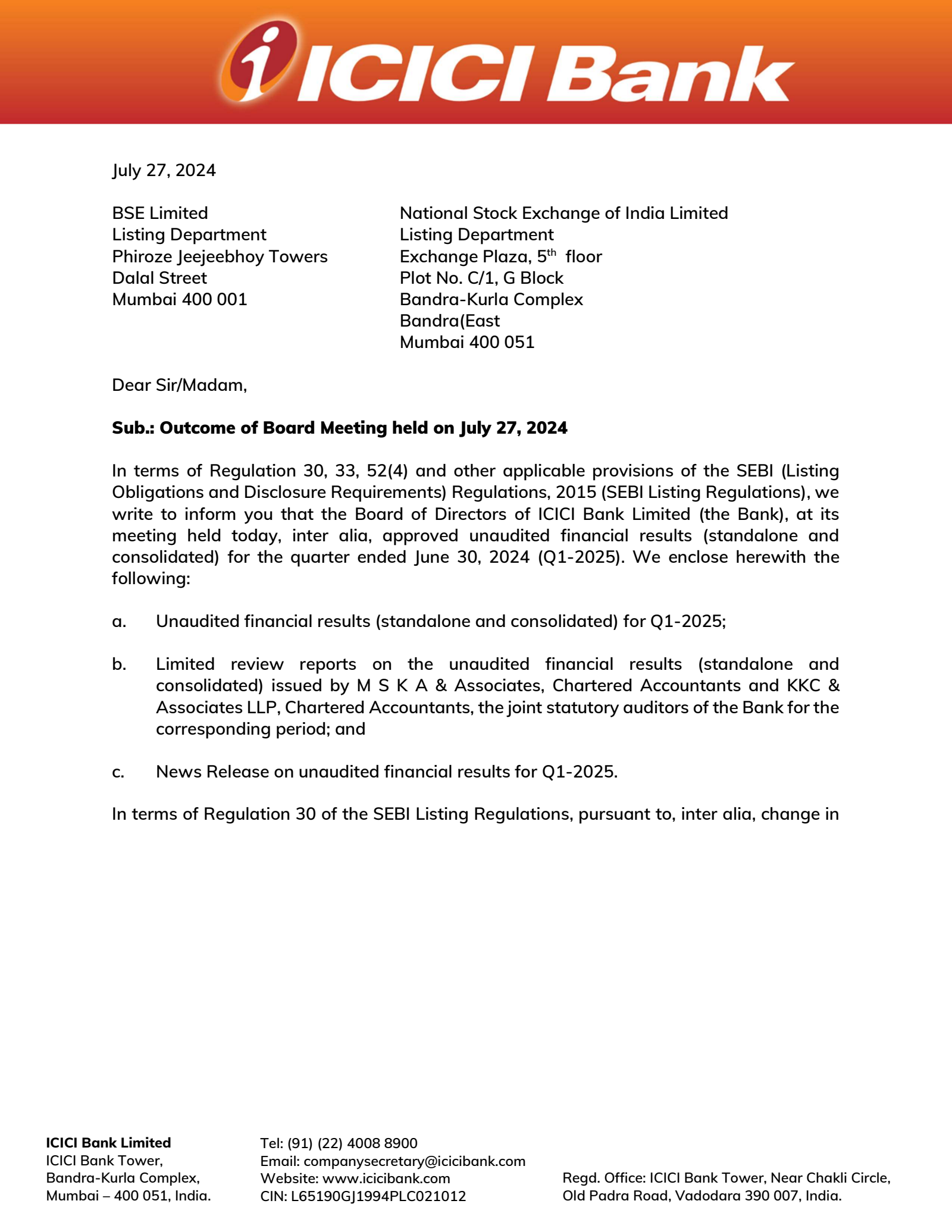 ICICI Bank's Q1 24/25 Interim Report