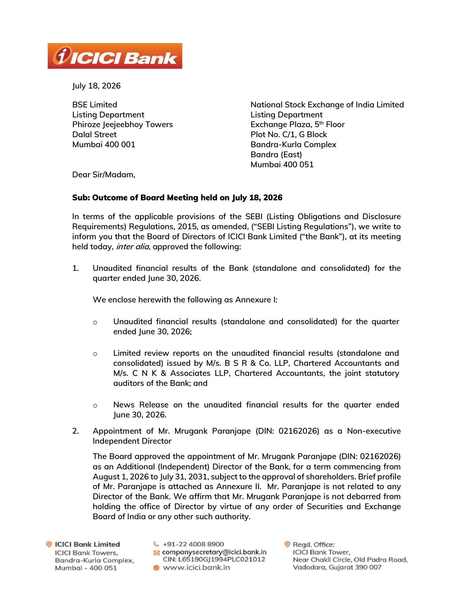ICICI Bank's Q1 26/27 Interim report