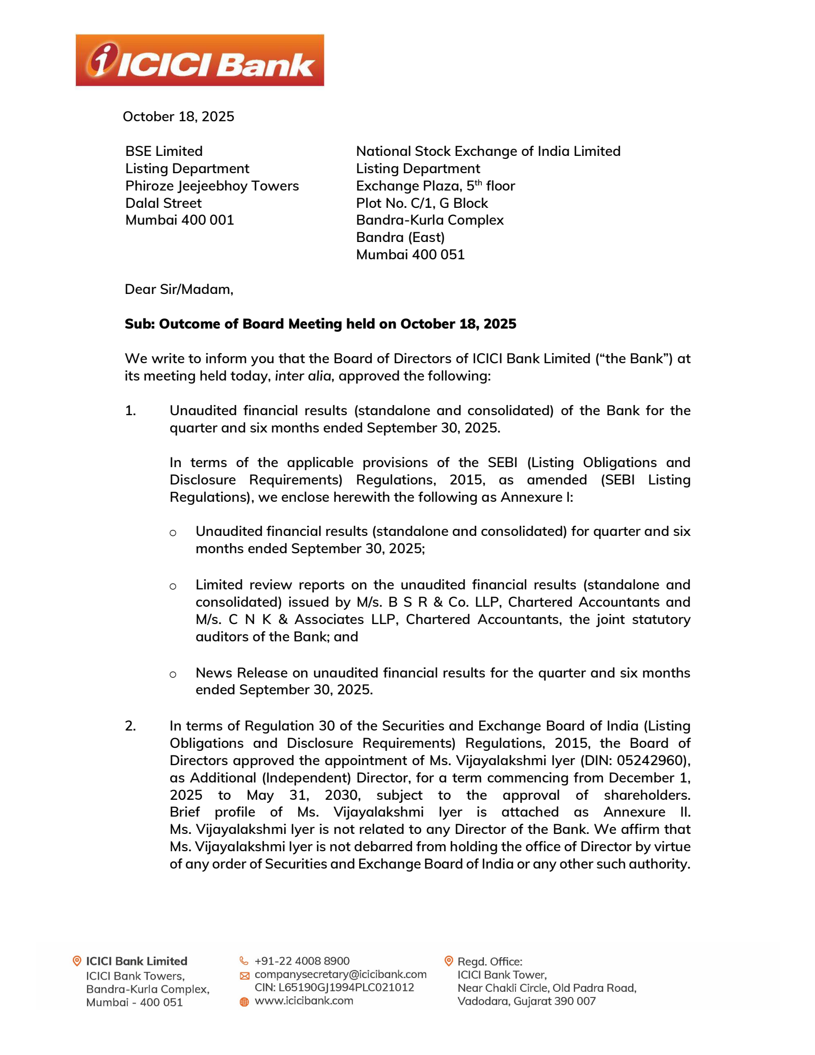 ICICI Bank's Q2 25/26 Interim Report