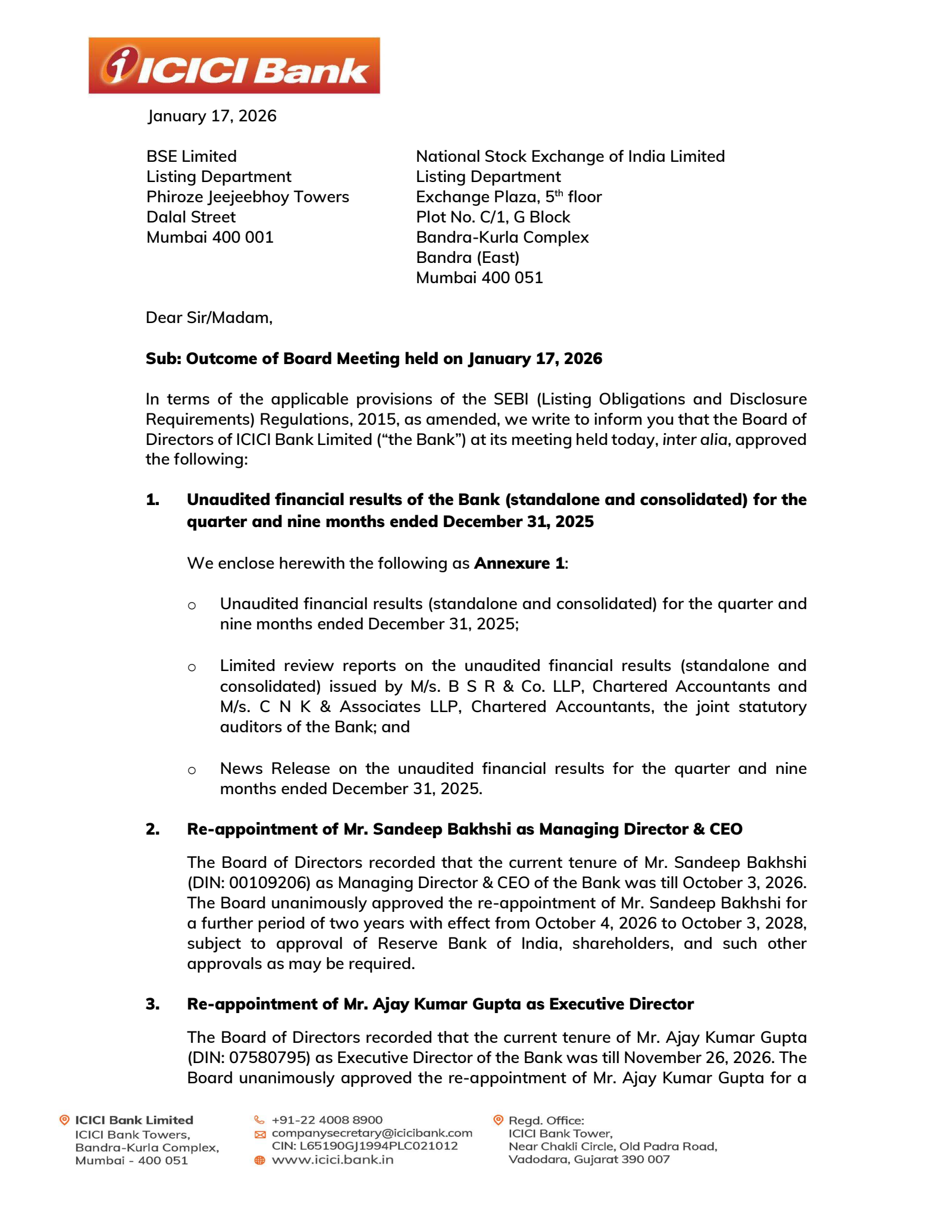 ICICI Bank's Q3 25/26 Interim report