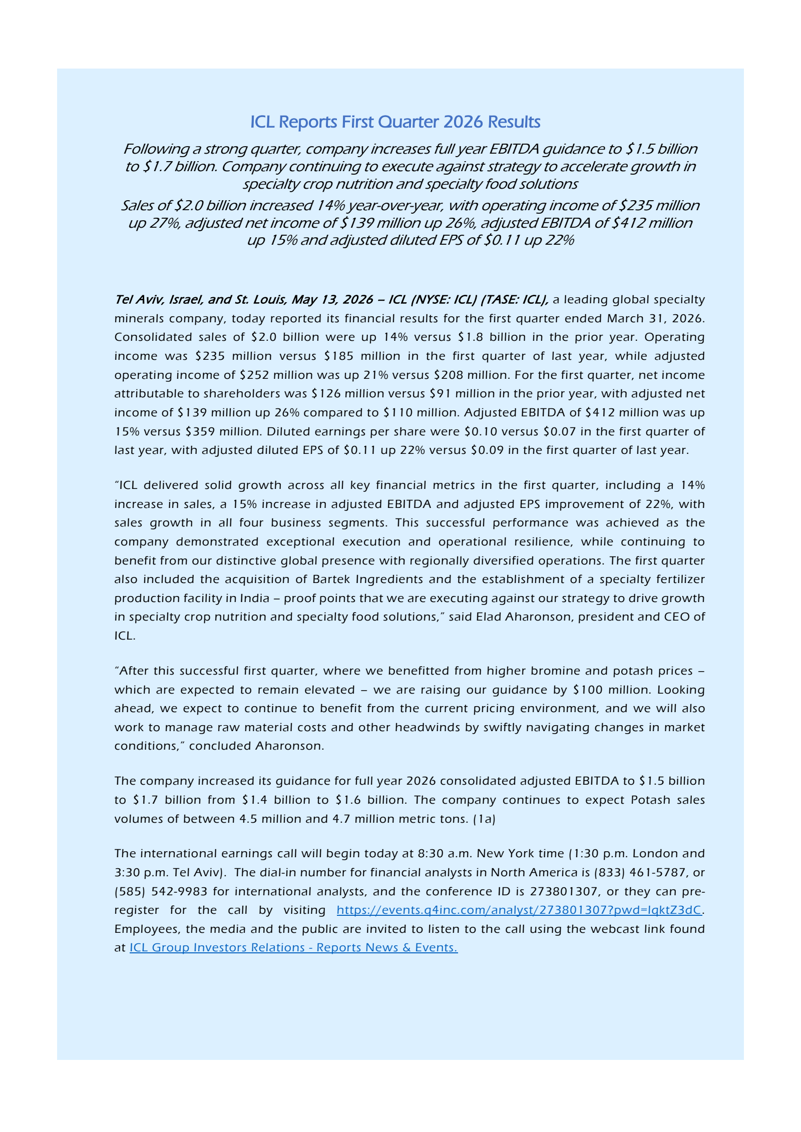 ICL Group's Q1 2026 Press Release