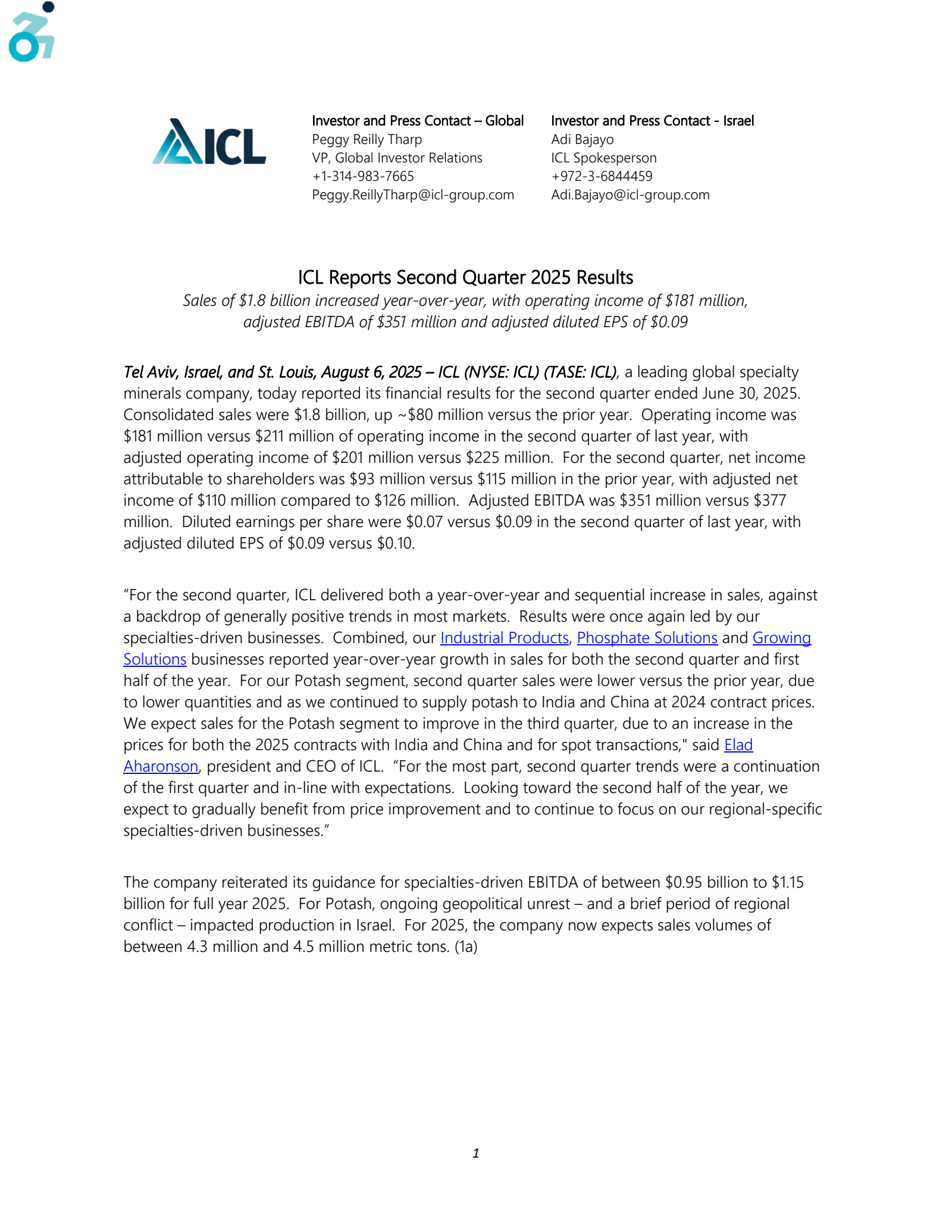 ICL Group's Q2 2025 Press Release