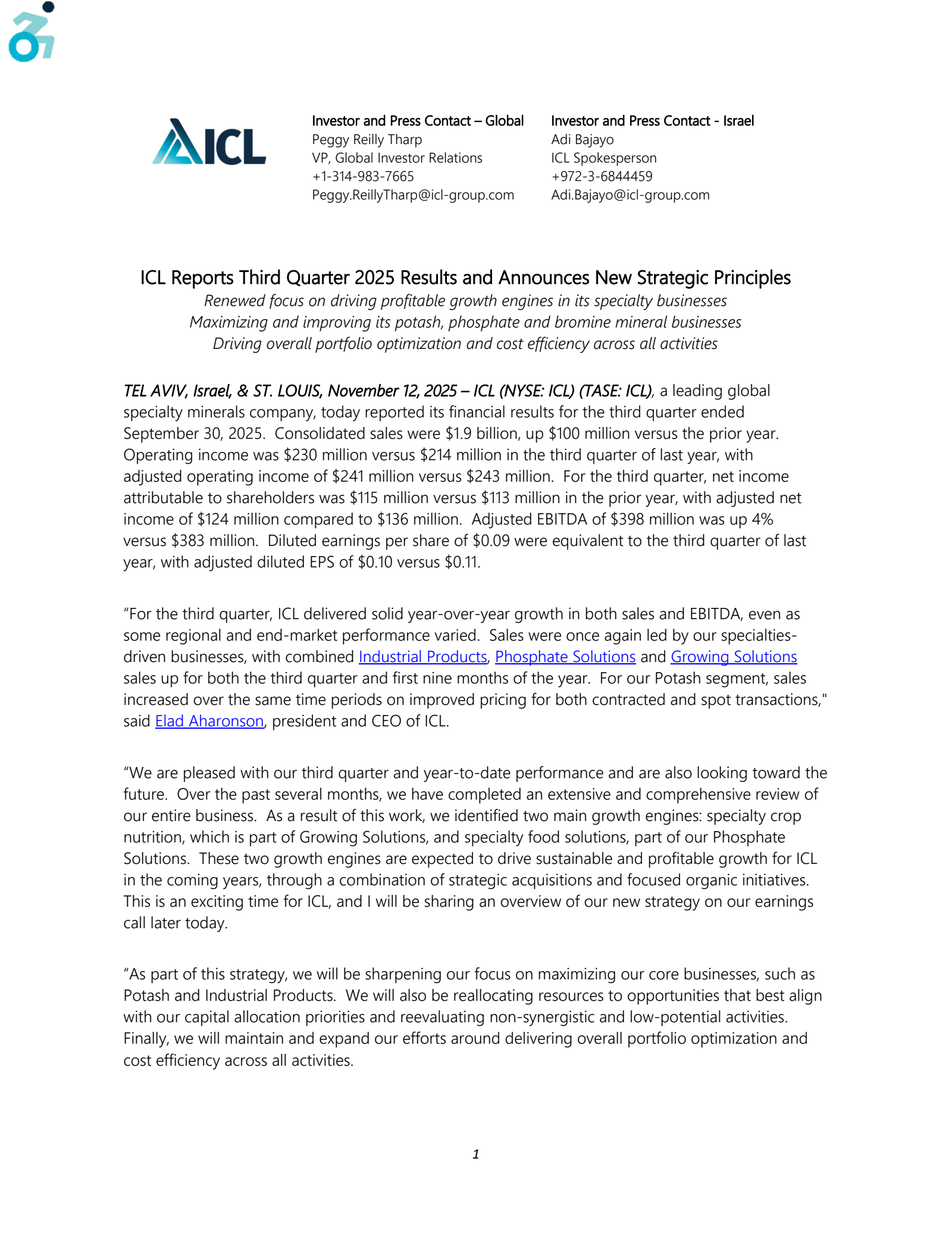 ICL Group's Q3 2025 Earnings Release
