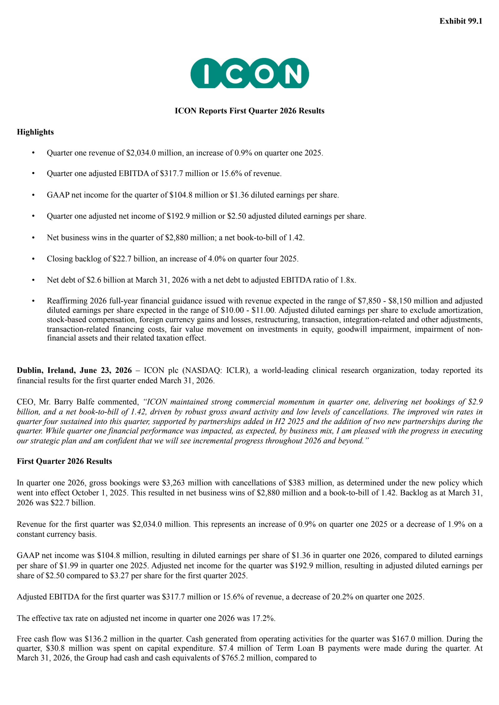 Icon's Q1 2026 Press Release