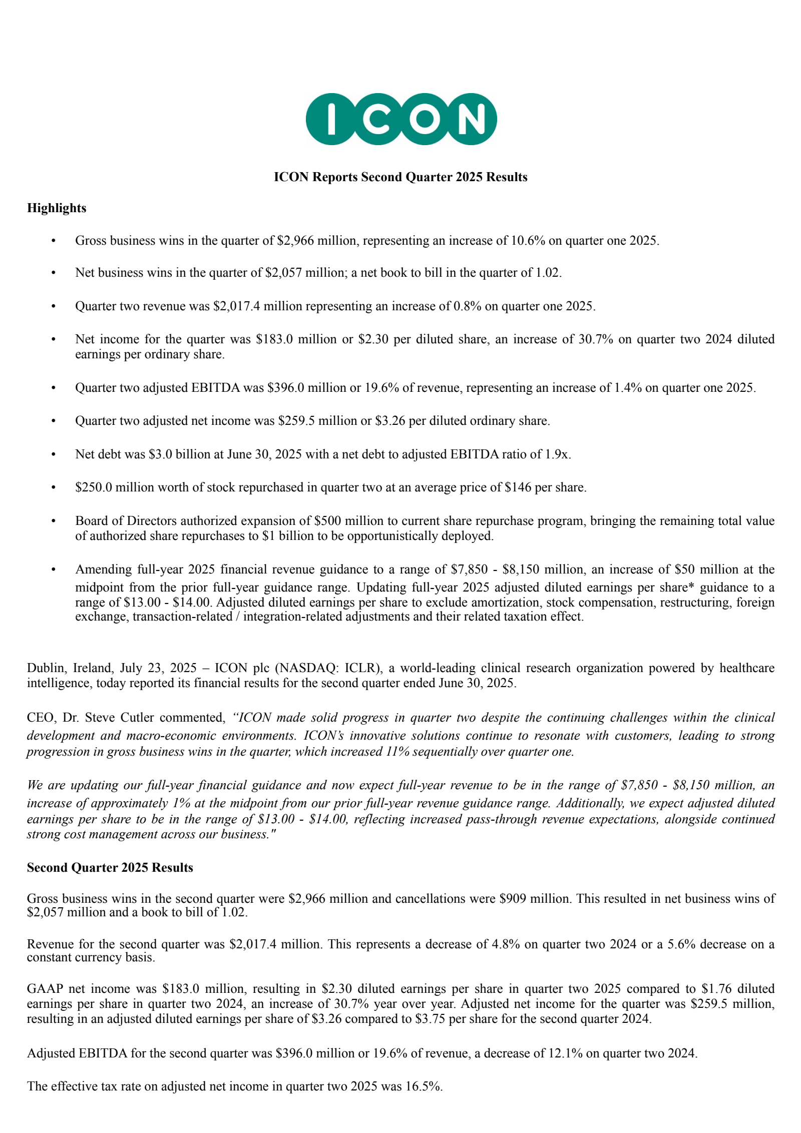 Icon's Q2 2025 Press Release