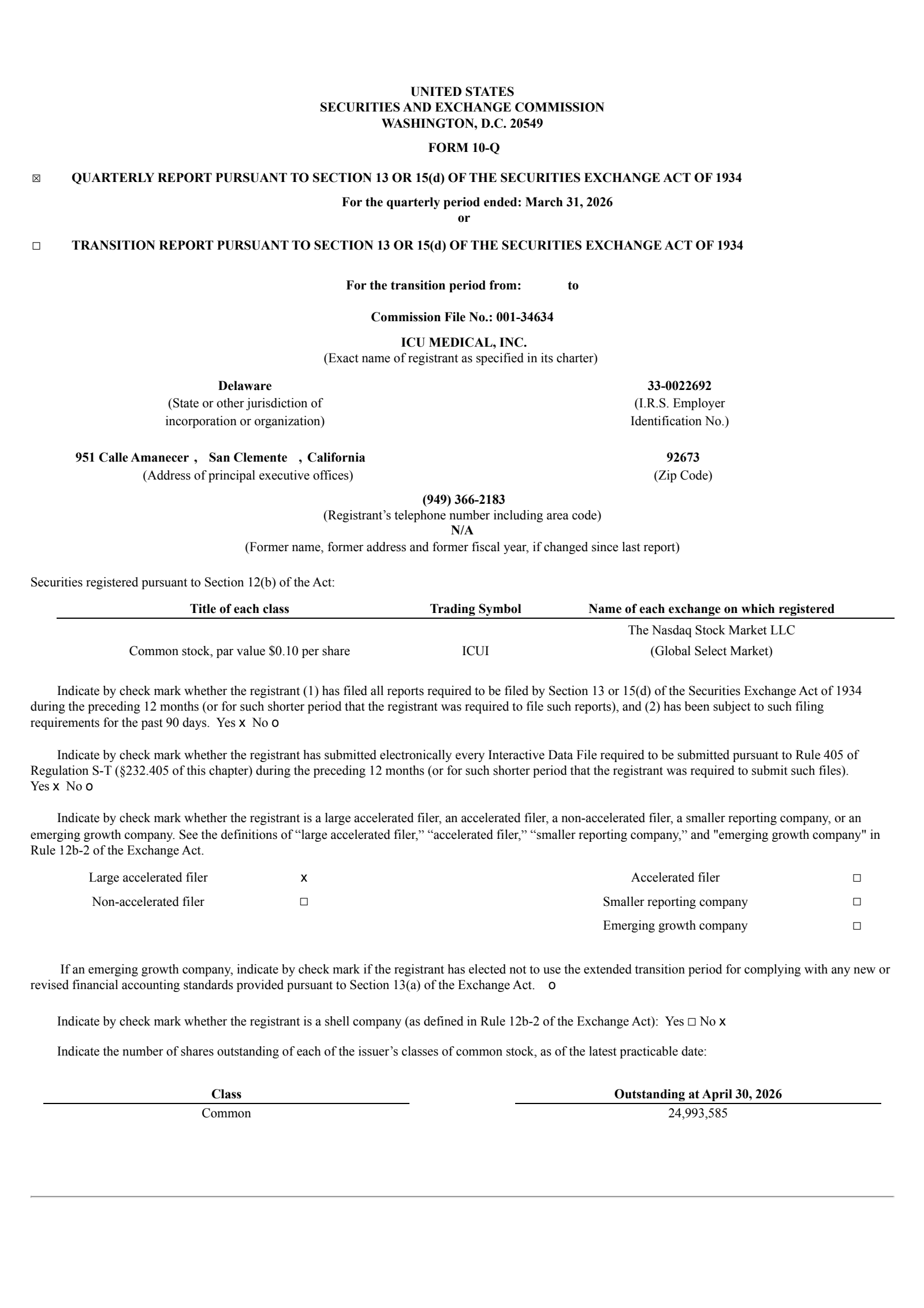 ICU Medical's Q1 2026 Quarterly report