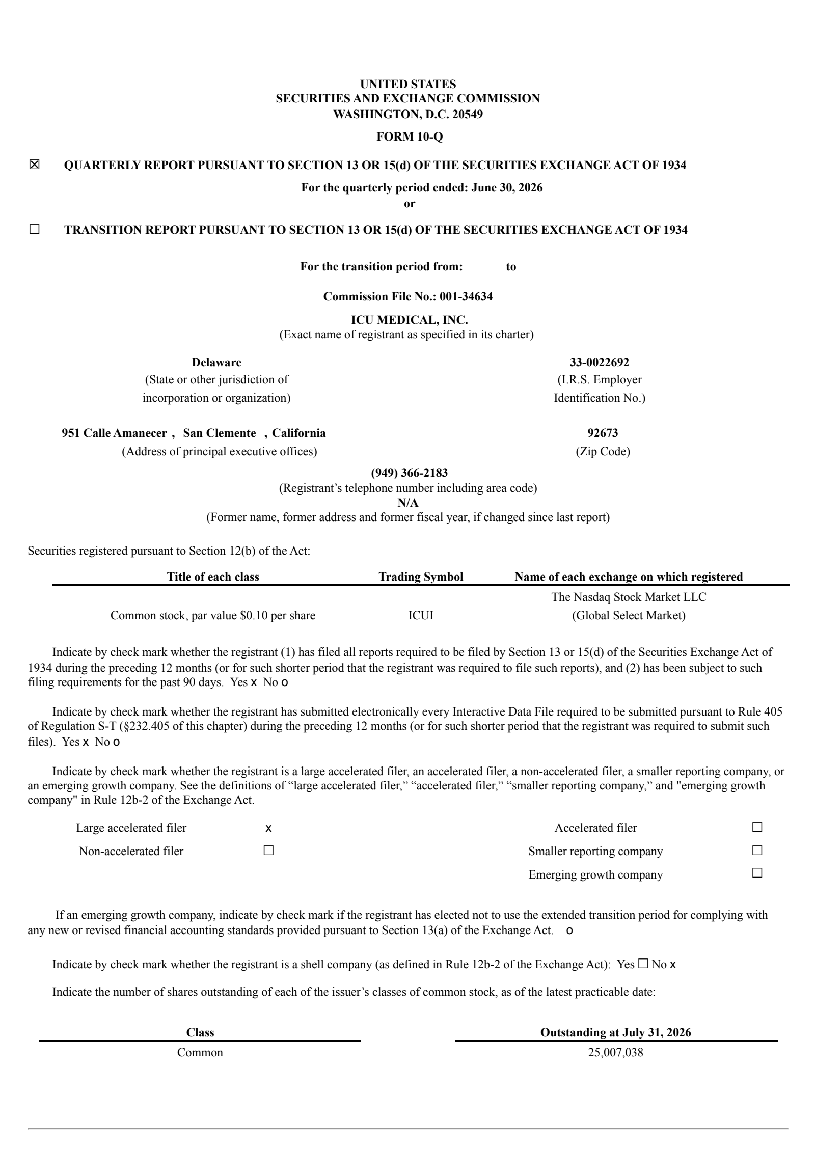 ICU Medical's Q2 2026 Quarterly report