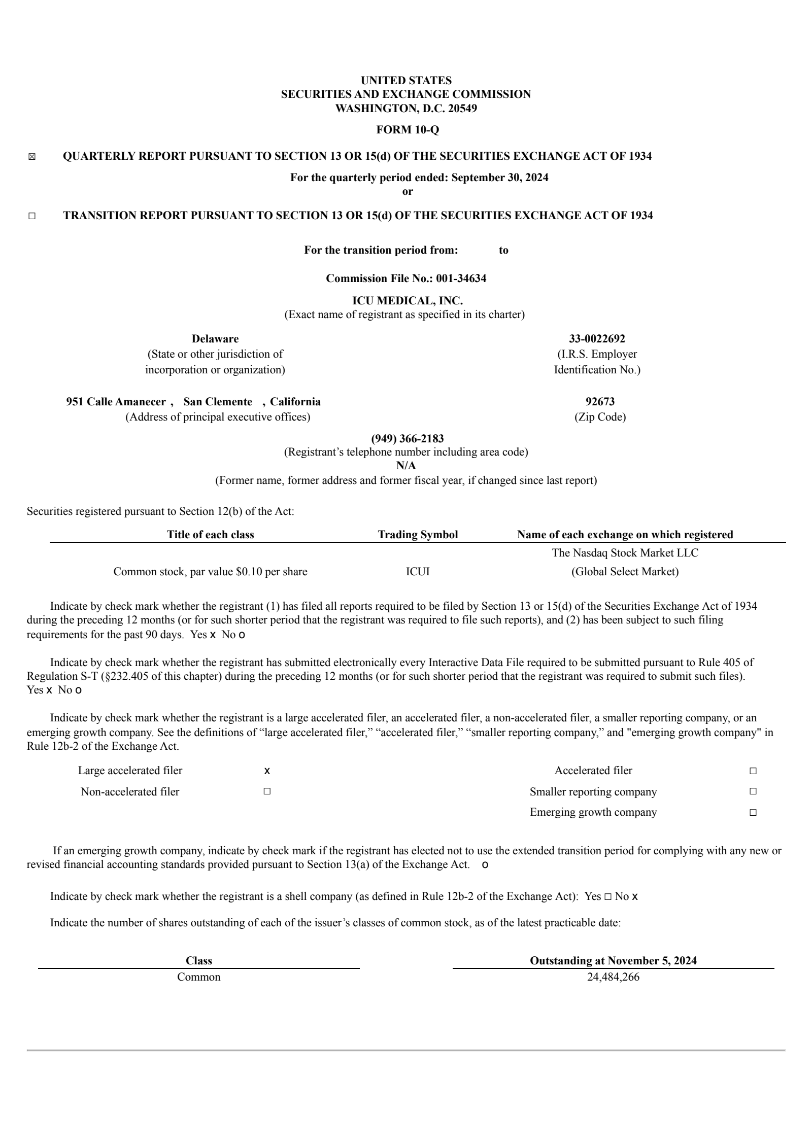 ICU Medical's Q3 2024 Quarterly report