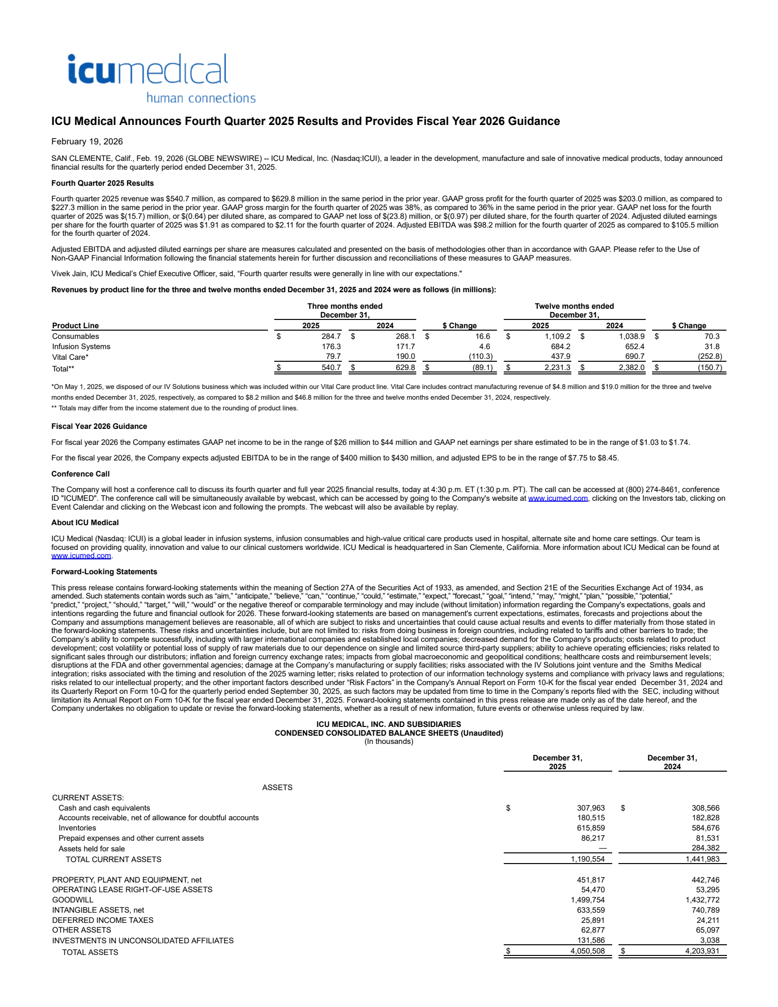 ICU Medical's Q4 2025 Press Release