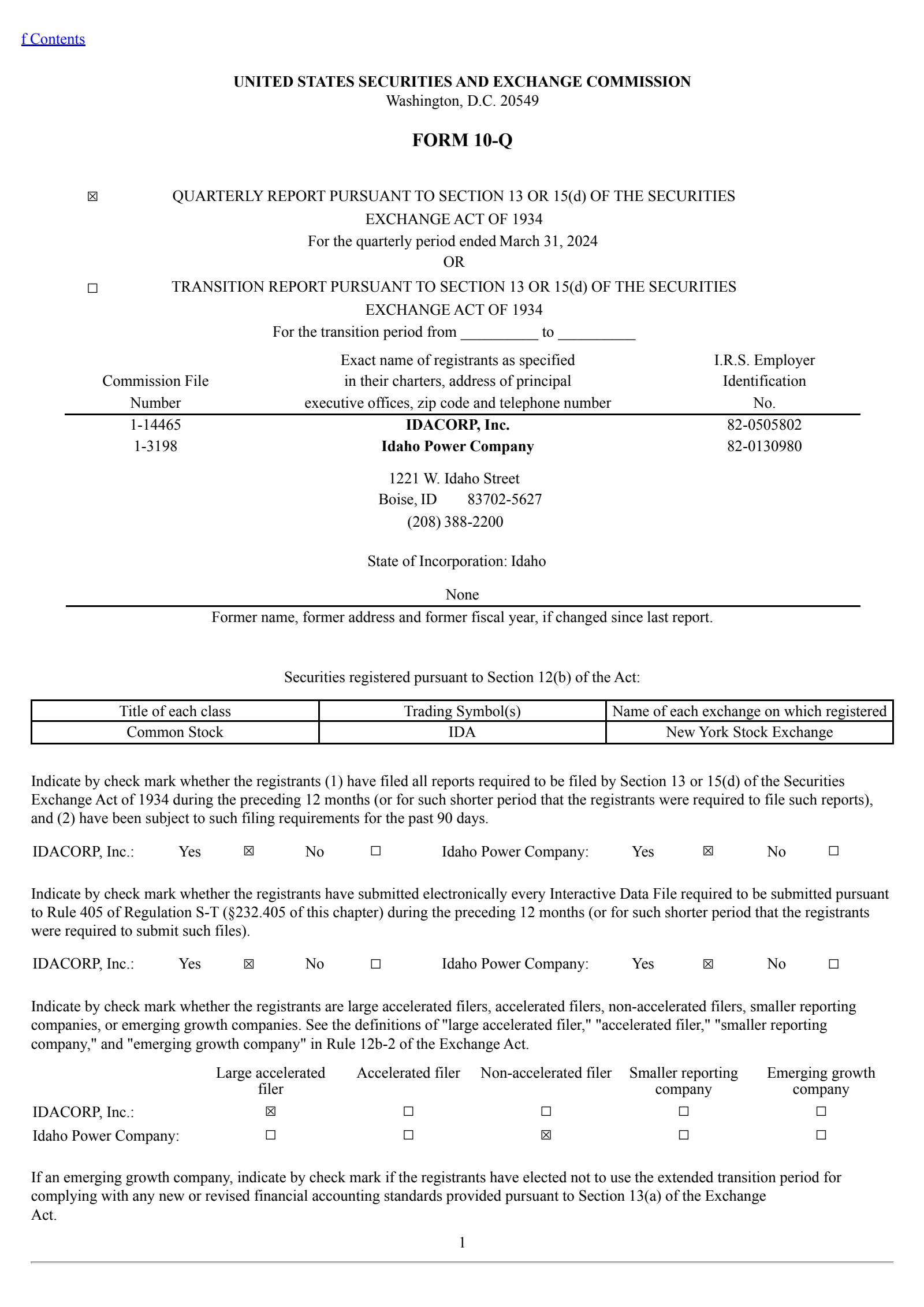 IDACORP's Q1 2024 Quarterly report
