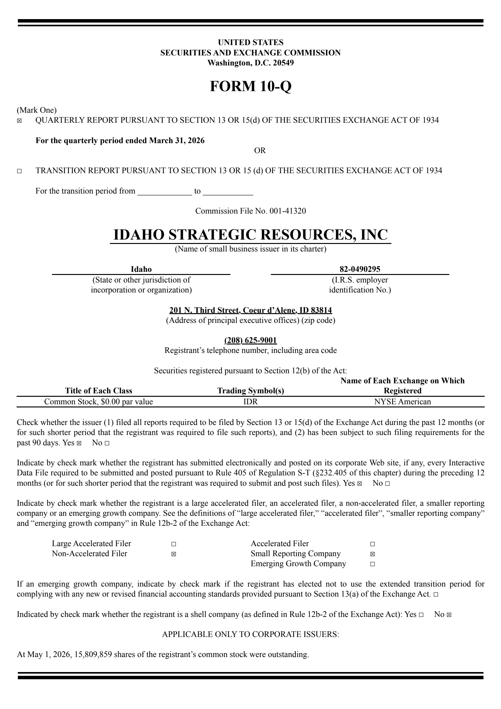 Idaho Strategic Resources' Q1 2026 Quarterly report